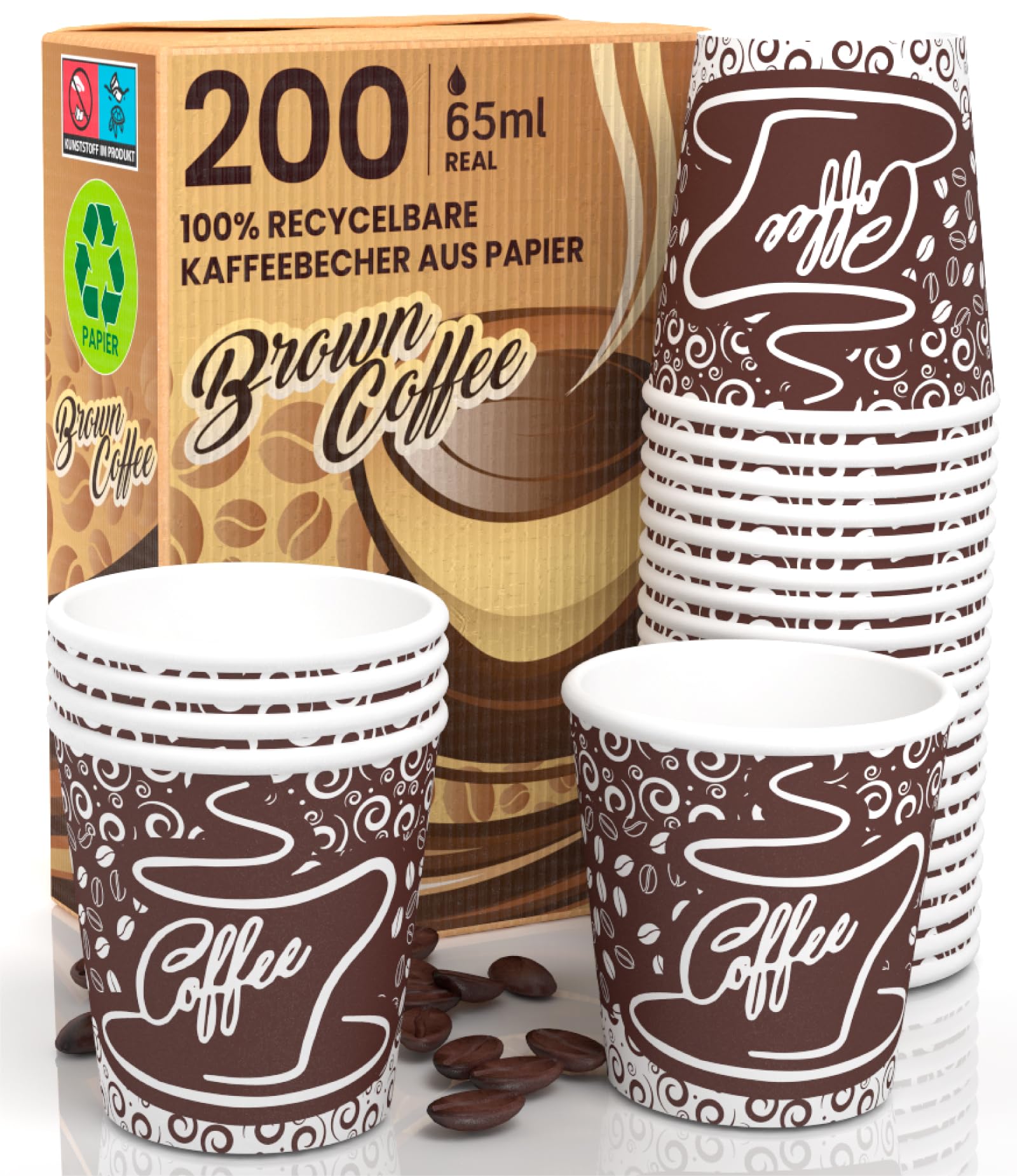 Eurocali 200 Espresso Pappbecher 65ml Biologisch Abbaubare Kaffee Einwegbecher - Ökologisches Design BrownCUP - Kleine Größe für italienischen Espresso für Heißen Getränken