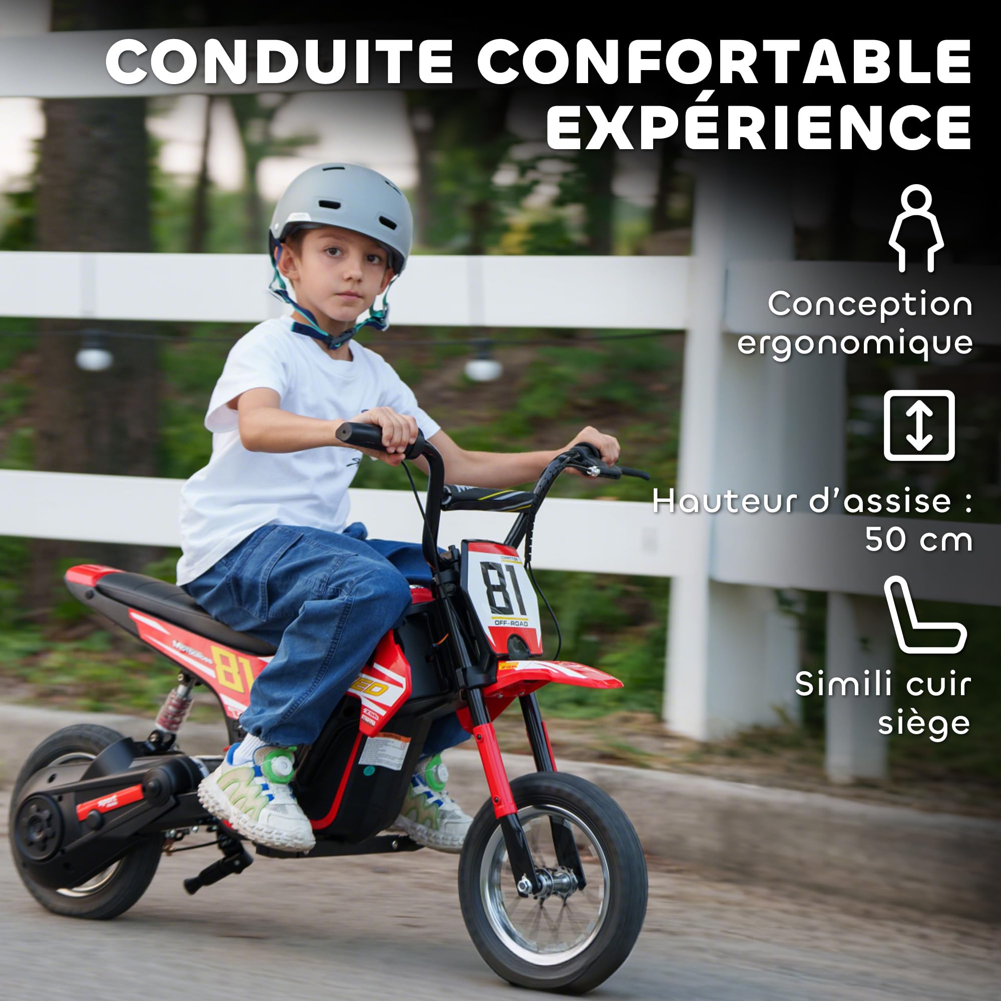 AIYAPLAY Moto Électrique Enfants 24V Moteur 250W 6-16 km/h 8-12 Ans Rouge