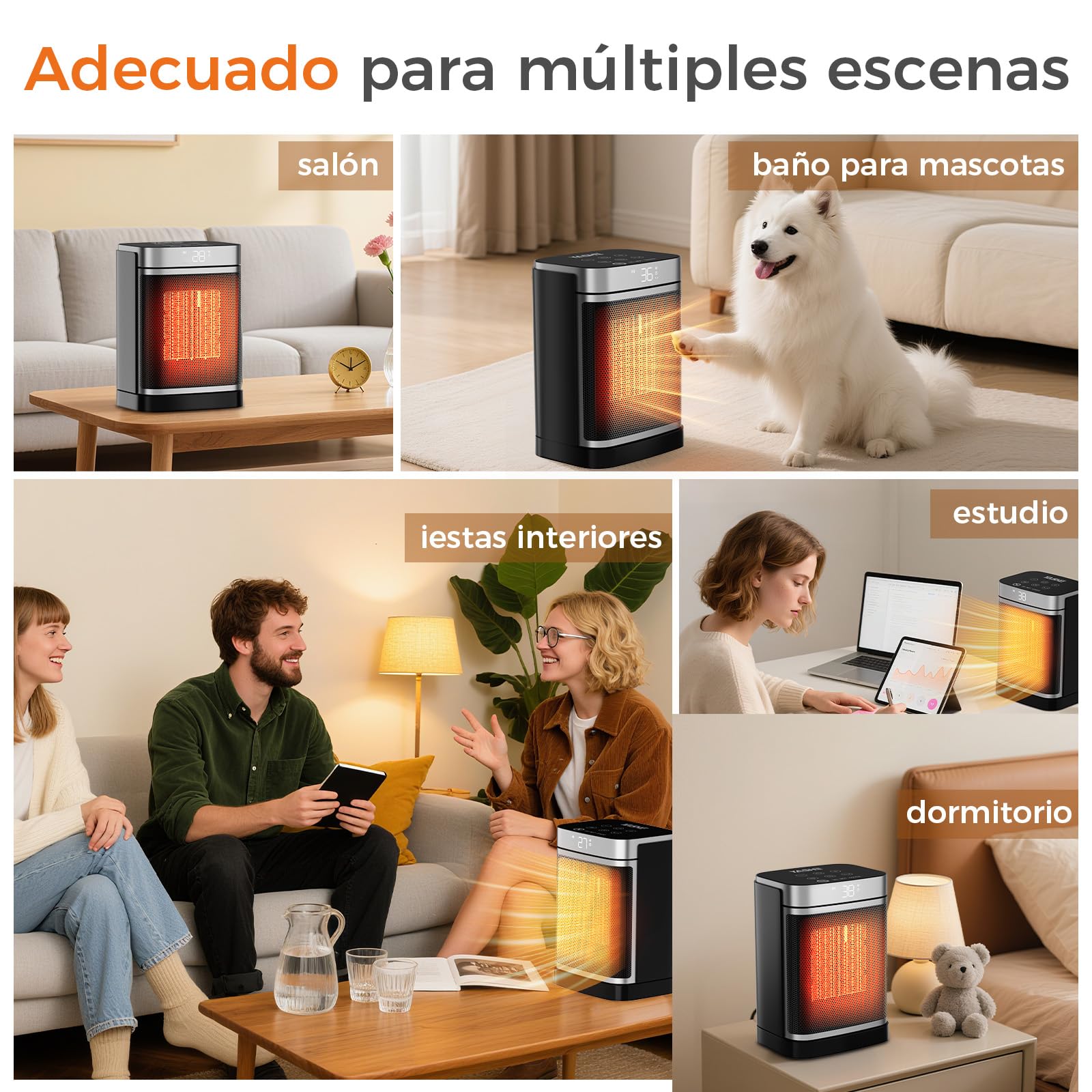 YASHE Calentador Eléctrico PTC de 1500 W con ventilador y ahorro de energía, oscilación de 70°, termostato, control remoto, protección contra sobrecalentamiento y vuelco, temporizador de 1 a 24 h