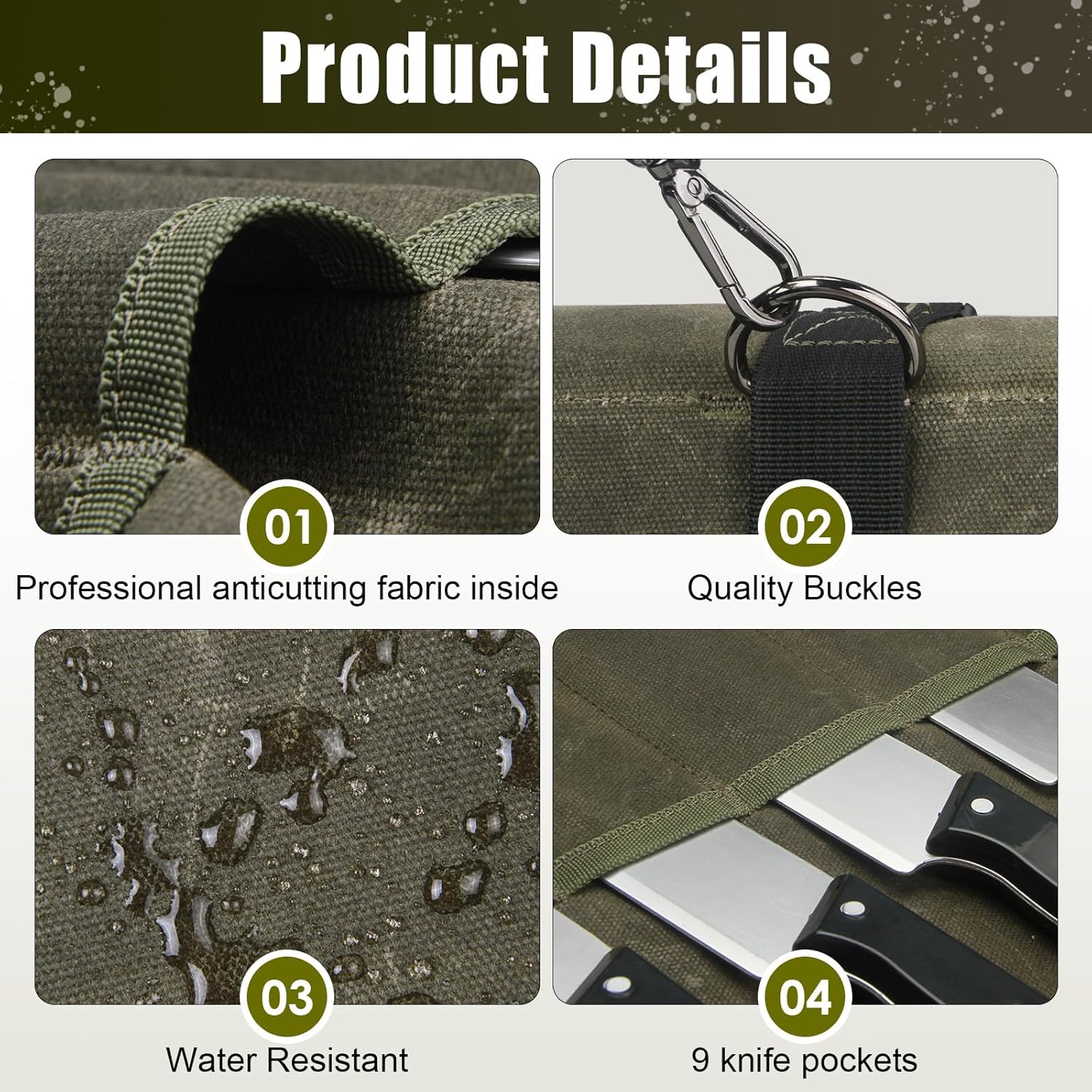 Chef Knife Roll Bag,Waxed Canvas Knife Travel Case,Heavy Duty Professional Knife Carrier Storage Holder with 10 Slots,Portable Kitchen Culinary Tool Organizer for Men,Fits up to 18.8”Knives Army Green