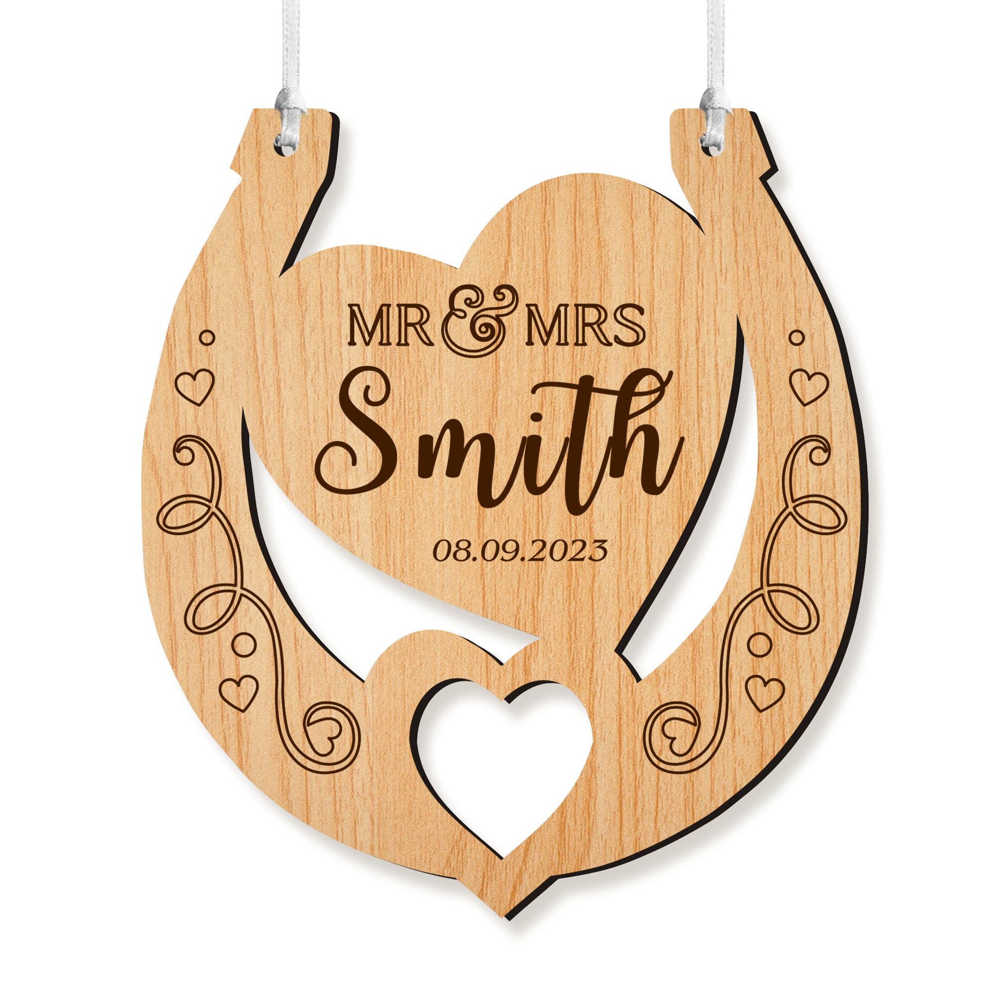 Personalised Wedding Horseshoes for The Bride Mr and Mrs Gifts Wooden Horse Shoe Wedding Bridal Good Luck Horseshoe Gift New Couple Gift Wedding Anniversary Favors(Double Heart)