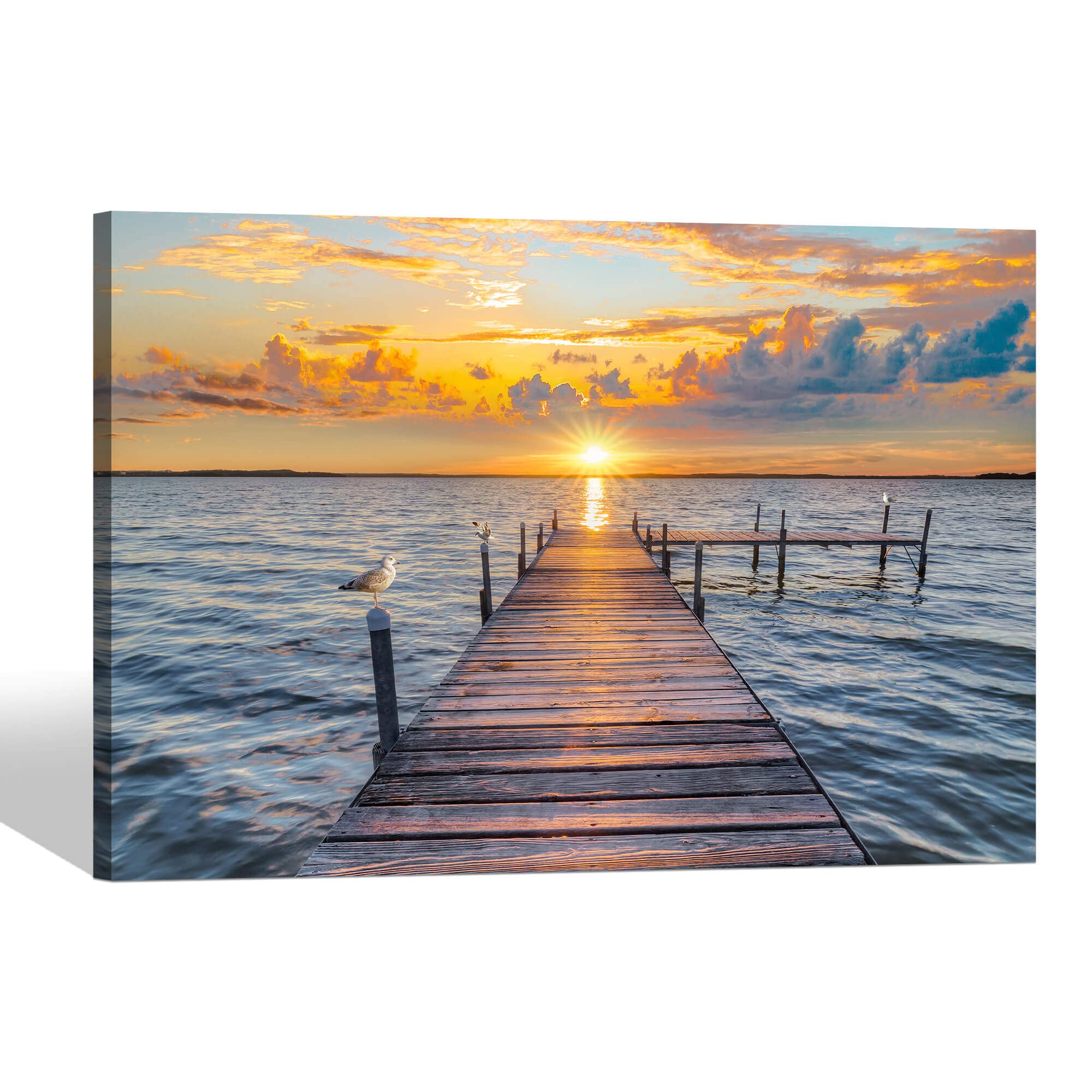 Sea Ocean Wall Art Canvas: Seascape Scenic Print Artwork Sunset Dock Landscape Beach Birds Picture Painting for Living Room Bedroom Decor 36x24 Inch