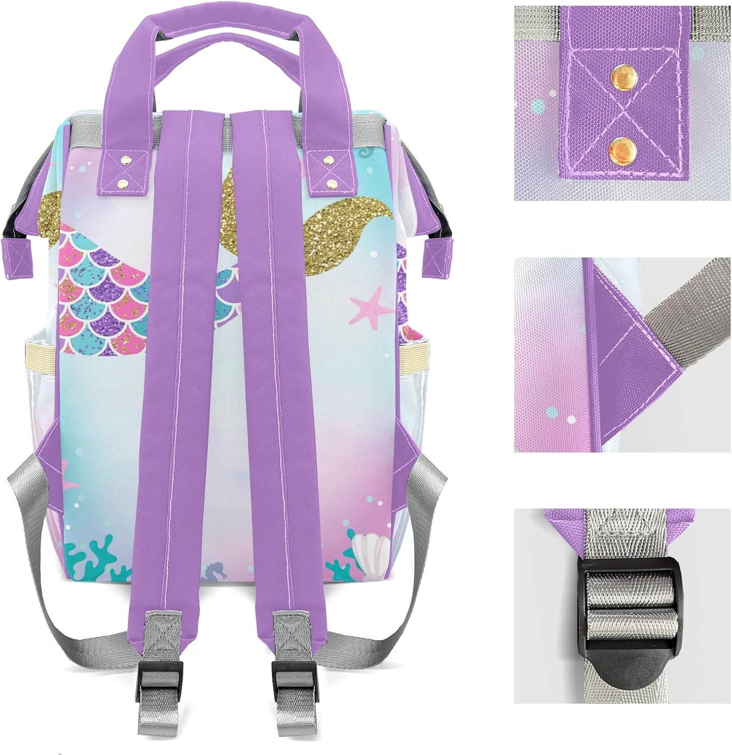 Mermaid Tail Gold Pink Purple Mommy Bag for Baby Girl Custom Diaper Bag Backpack Waterproof Multi-Function Travel Camping Picnic Diaper Carrying Bag