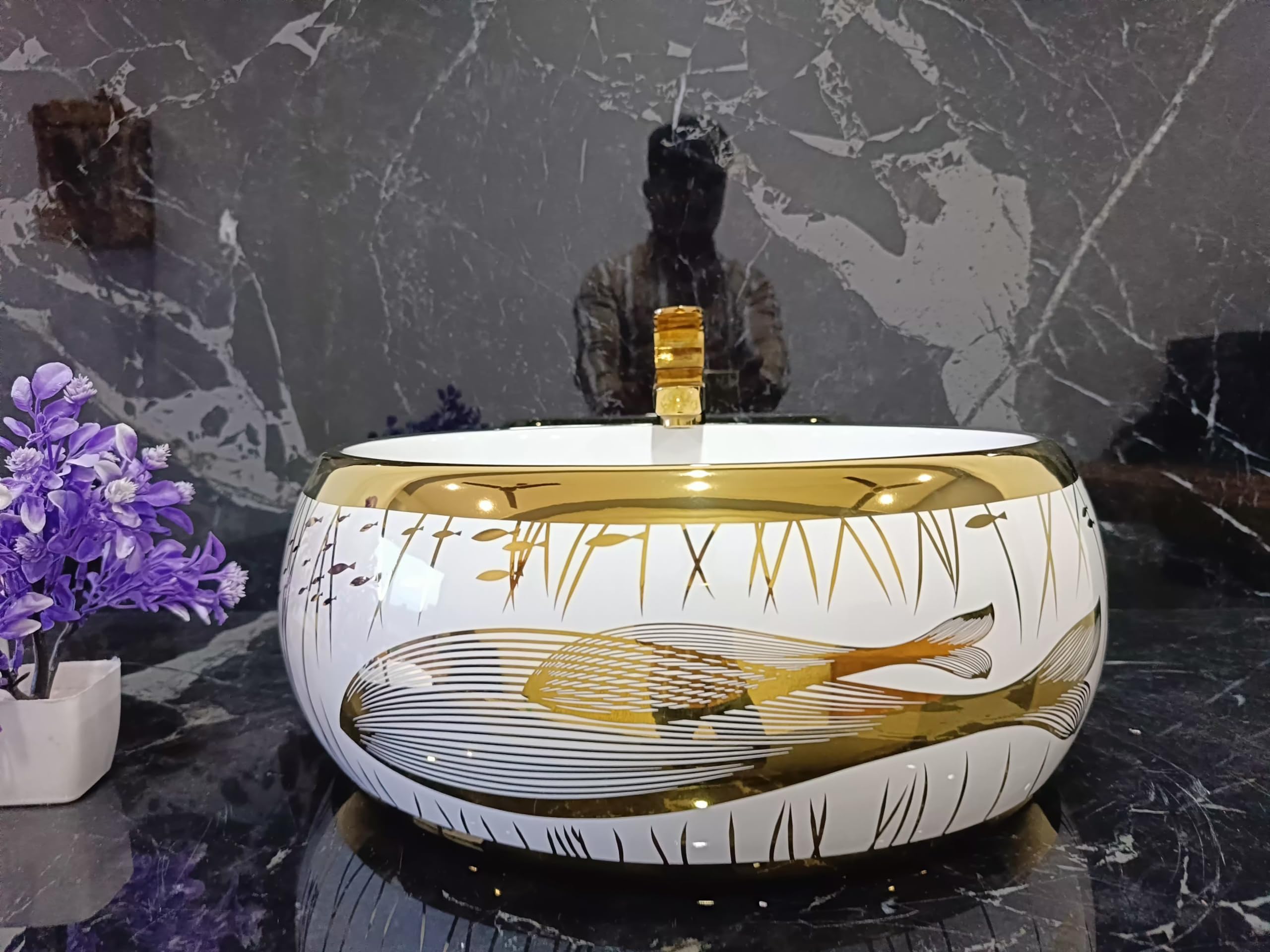 LOFINA CERAMIC Very Stylish Bathroom Designer Gold Fish Design Table Top Counter Top Golden Ceramic Wash Basin (40.5 * 40.5 * 15.5 CM) (B0D263BSXH) Amazon Price History, Amazon Price Tracker