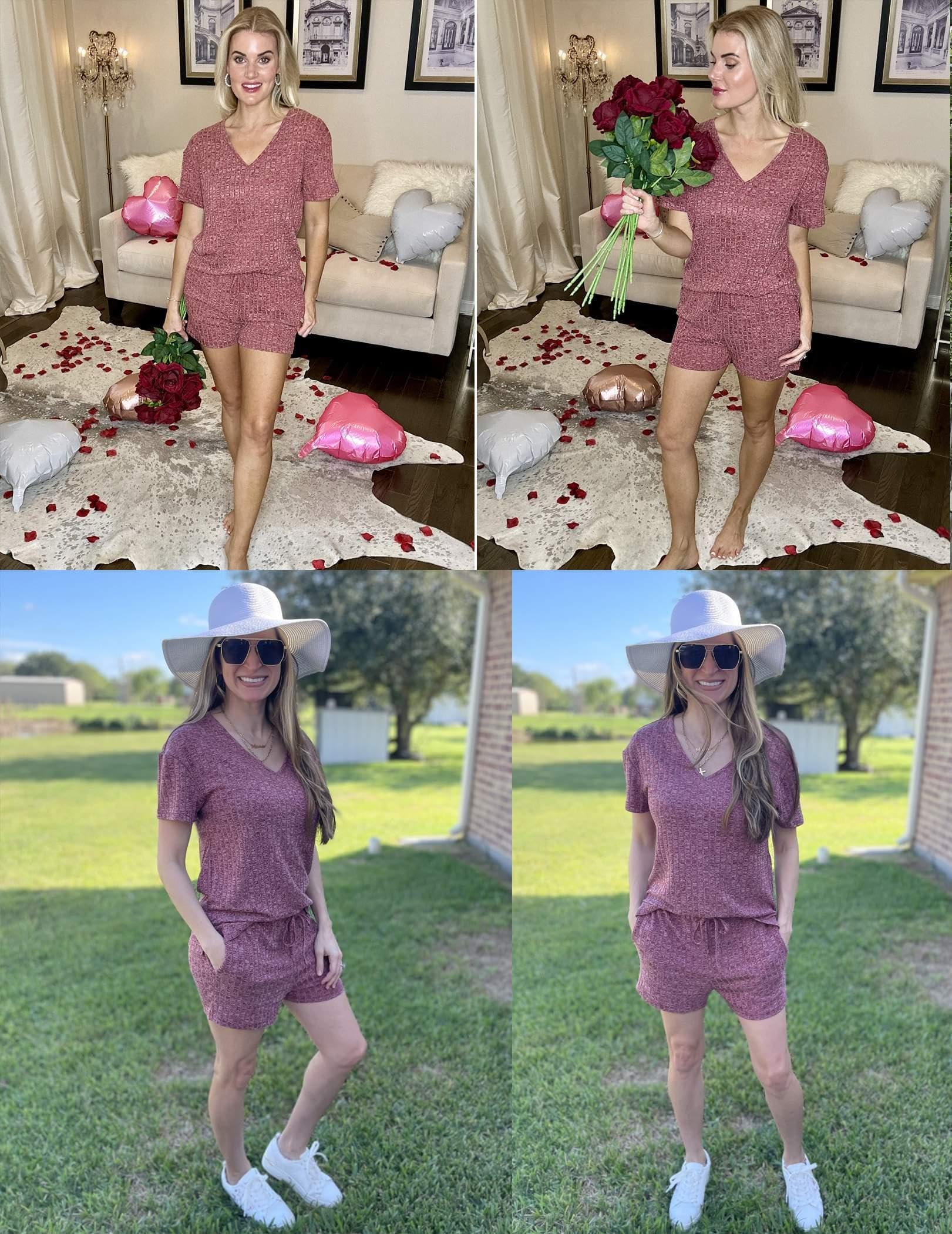 Ekouaer Schlafanzug Damen Rippen Kurzarm Pyjama Damen Sommer Hausanzug Kurz Lounge Set S-XXL