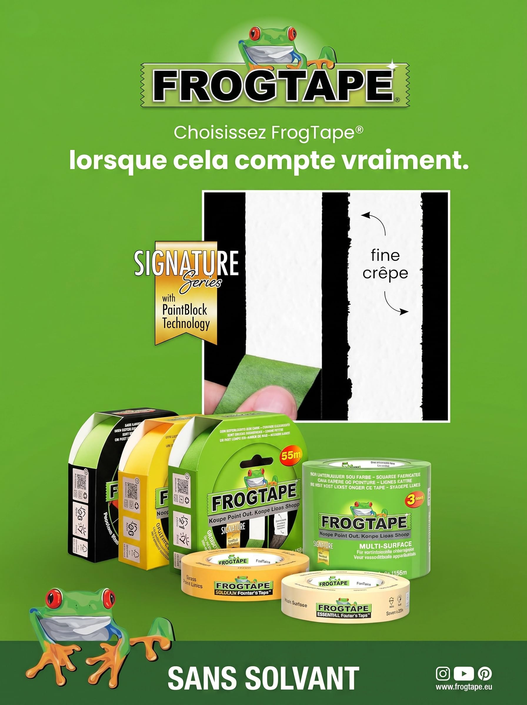 FrogTape Multi Surface Ruban de Masquage 36mm x 55m lot de 3, Adhésif Peintre avec Technologie PaintBlock, Lignes Nettes, Enlèvement Sans Résidus, Scotch Peinture pour Bois Verre Métal, Vert
