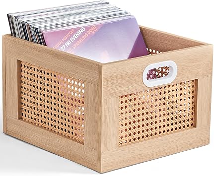 صندوق تخزين أسطوانات الفينيل من LELELINKY، صندوق أسطوانات خشبي من الخيزران للأسطوانات، حامل أسطوانات الفينيل بمقبض، حامل أسطوانات متعدد الوظائف، منظم أسطوانات الفينيل لـ 75 أسطوانة، طبيعي