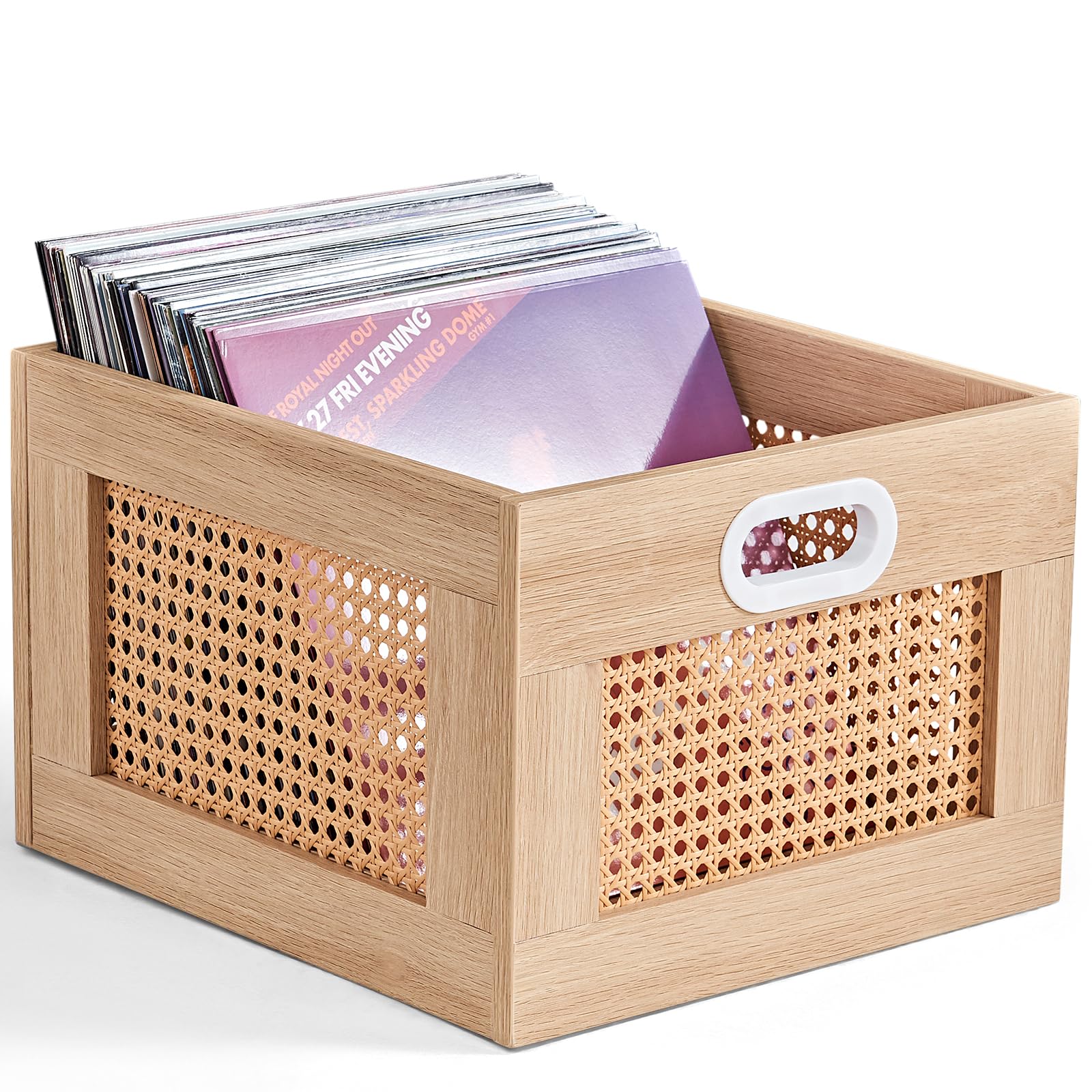 Support multifonction pour 75 disques vinyles LELELINKY bac de rangement rotin naturel