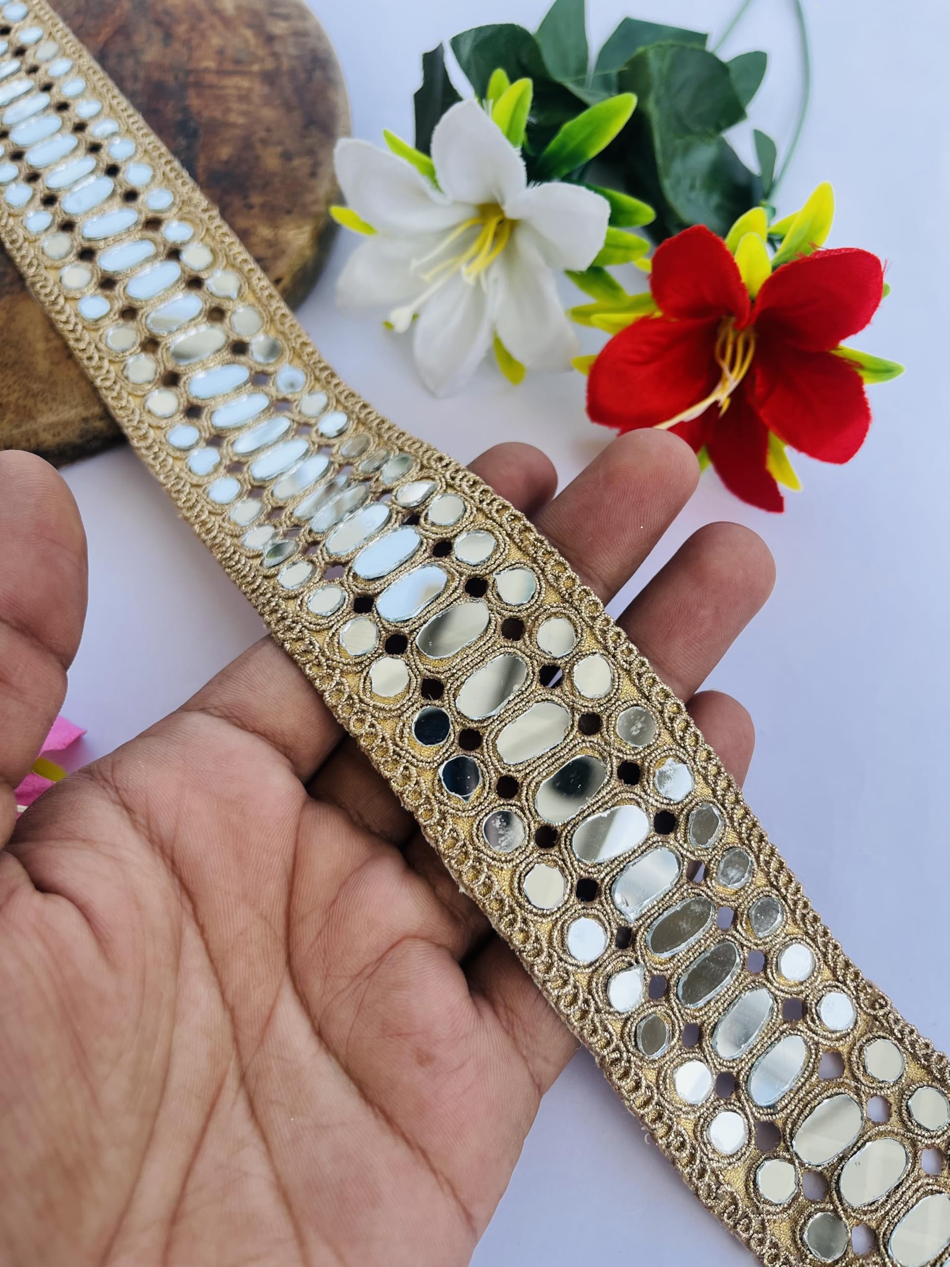 Borde decorativo de espejo dorado con encaje metálico premium de 2 pulgadas para alta costura