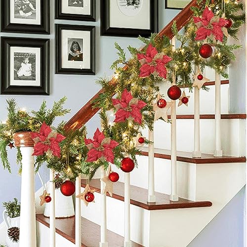 Miniatura 5 de HEBE 12 flores artificiales de Navidad con purpurina de 9 pulgadas, flores de Navidad con clips, tallos de árbol de Navidad para decoración