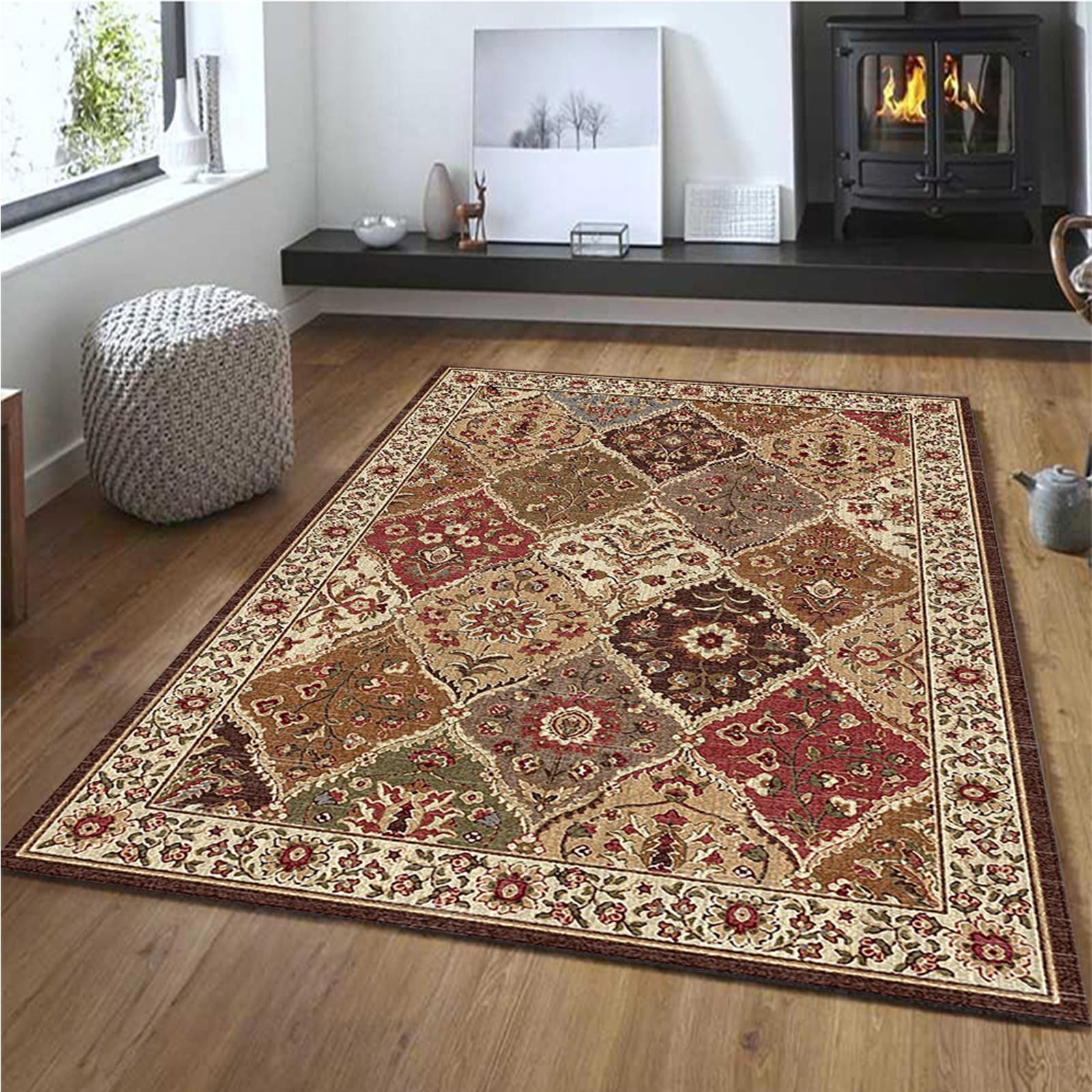 Taidianolp Area Rugs Living Room,red,120 x 170 cm,Multicoloured Brown Red Orange Yellow Green Floral Trellis Vintage Traditional,Bedroom Rugs Coffee Table Aesthetic Decorations,