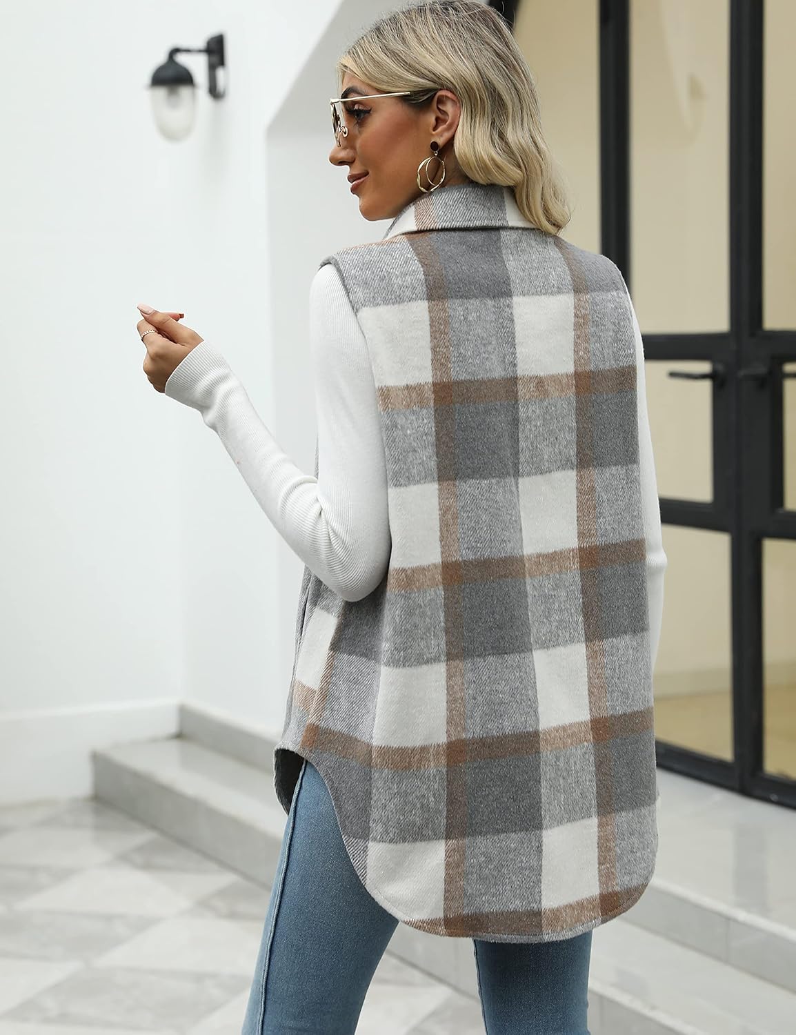 Tanming Women's Plaid Vest Brushed Flannel Sleeveless Shacket Shirt Jacket with Pockets - Image 7