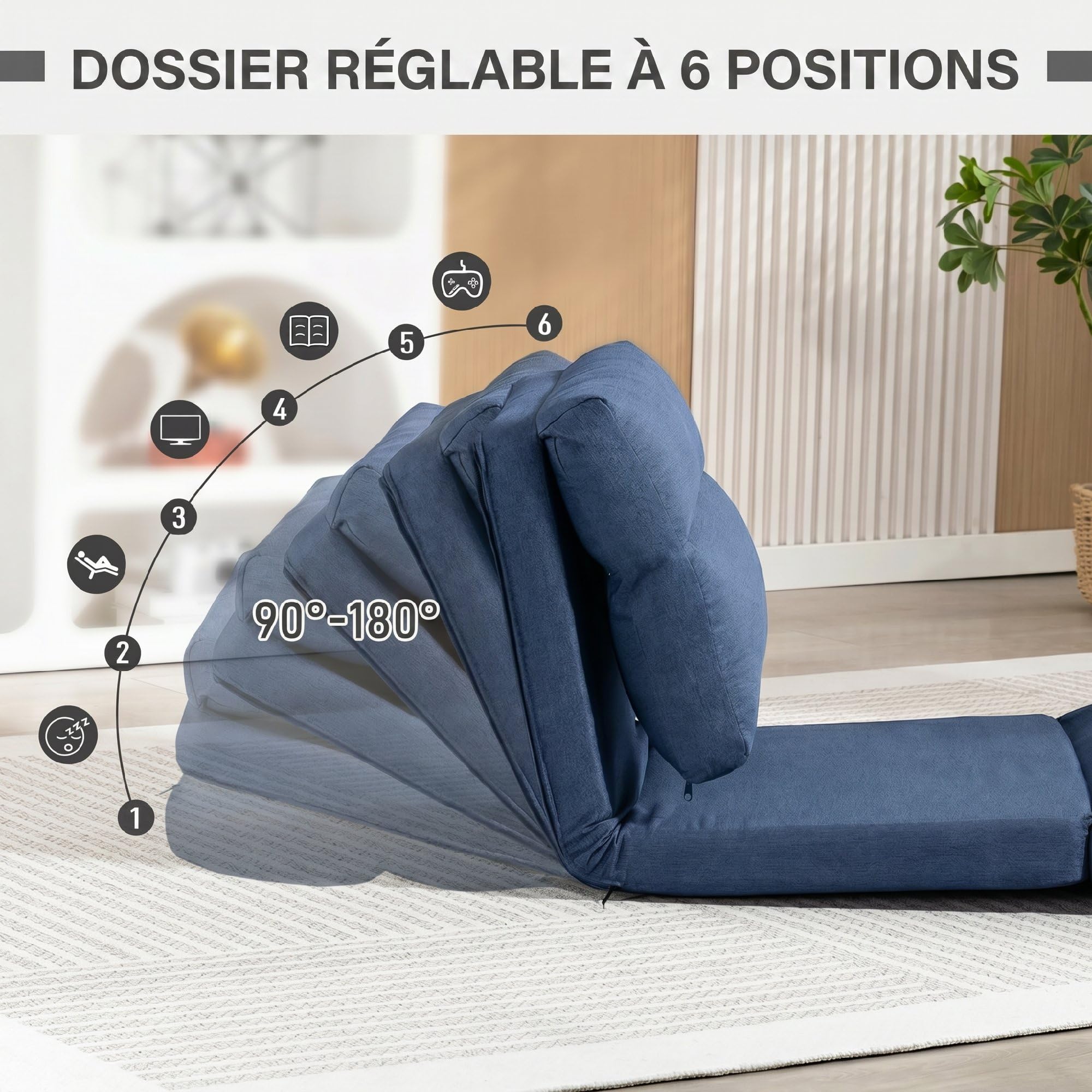 HOMCOM Canapé Paresseux Chauffeuse 1 Place, Fauteuil Paresseux Convertible en Lit, Fauteuil Salon avec Dossier Inclinable sur 5 Positions, Charge 120 kg, pour Salon Chambre Bureau, 70x72x56cm, Bleu