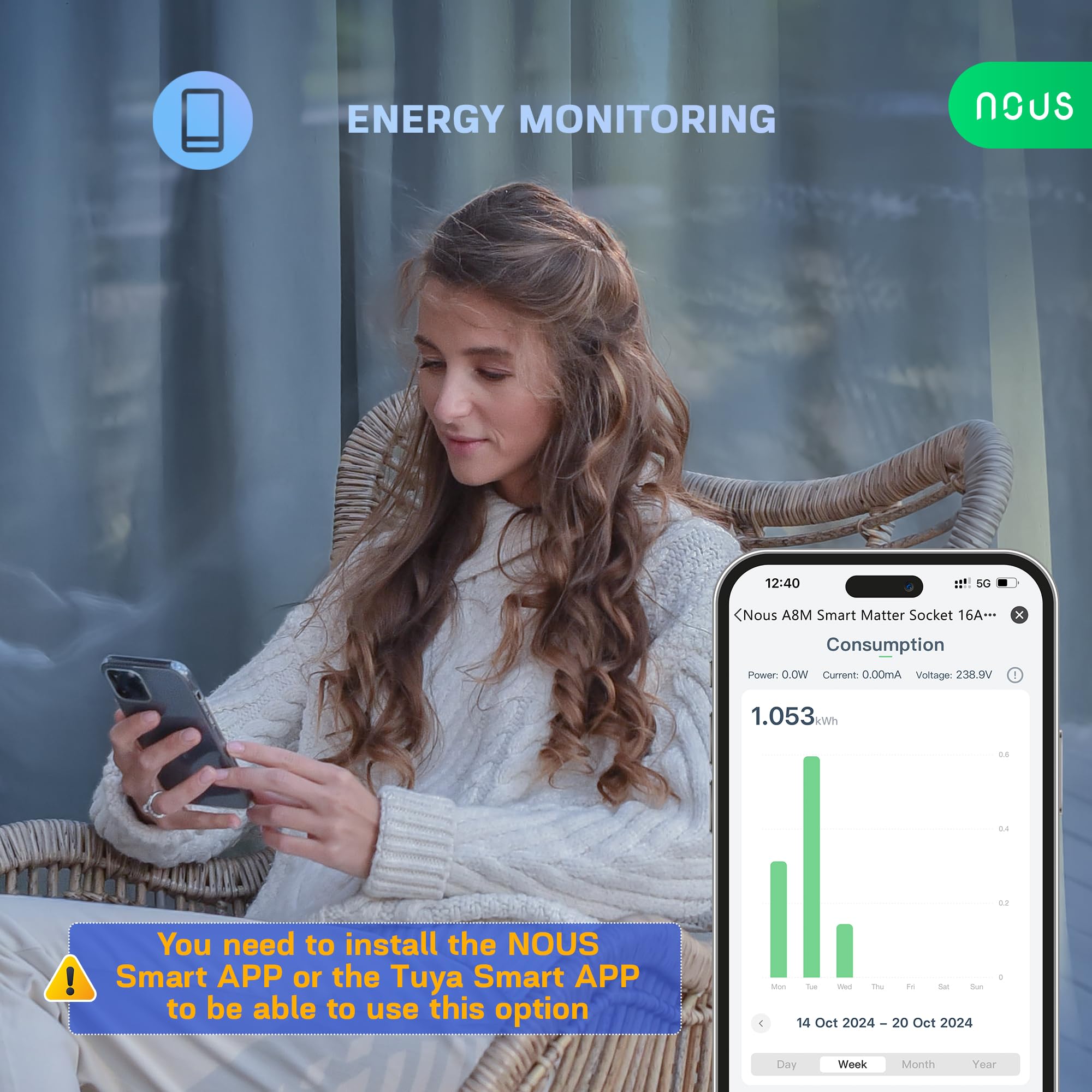 NOUS Presa Smart Matter con Monitoraggio dei Consumi, 16A 3840W — immagine 5 di 15