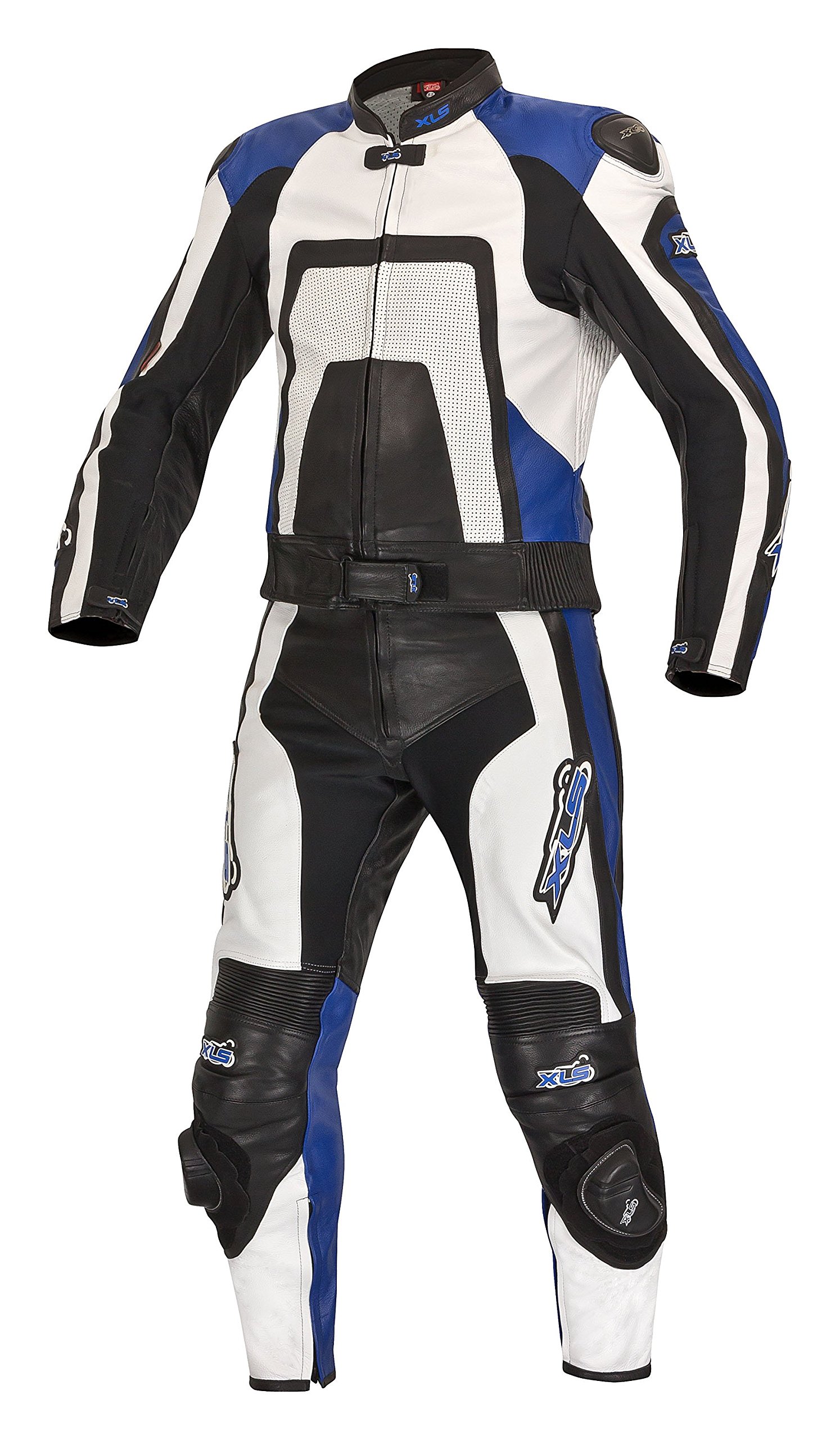 XLS, dwuczęściowy kombinezon motocyklowy ze skóry niebieski węglowy, czarny, biały, niebieski