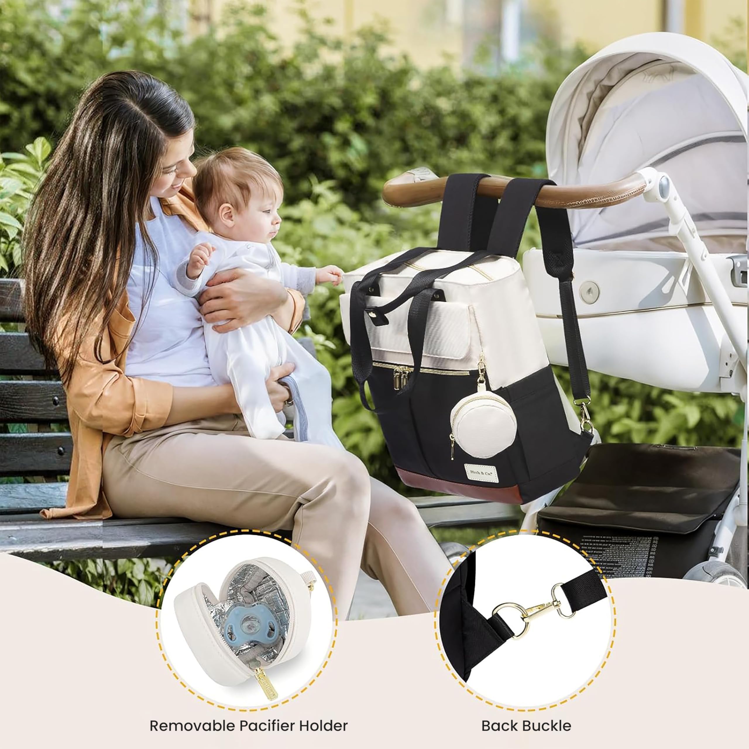 Birch & Co. Diaper Bag for Mothers for Travel – Baby Bag - Stylish Waterproof Baby Backpack with Insulated Compartments, Changing Mat, Spacious for Daily & Travel Use, BlackBrownWhite - Image 6 thumbnail