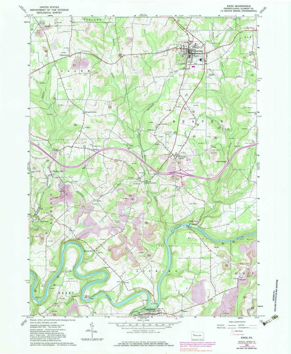 YellowMaps Knox PA topo map, 1:24000 Scale, 7.5 X 7.5 Minute, Historical, 1963, Updated 1980, 26.9 x 22.1 in - Polypropylene