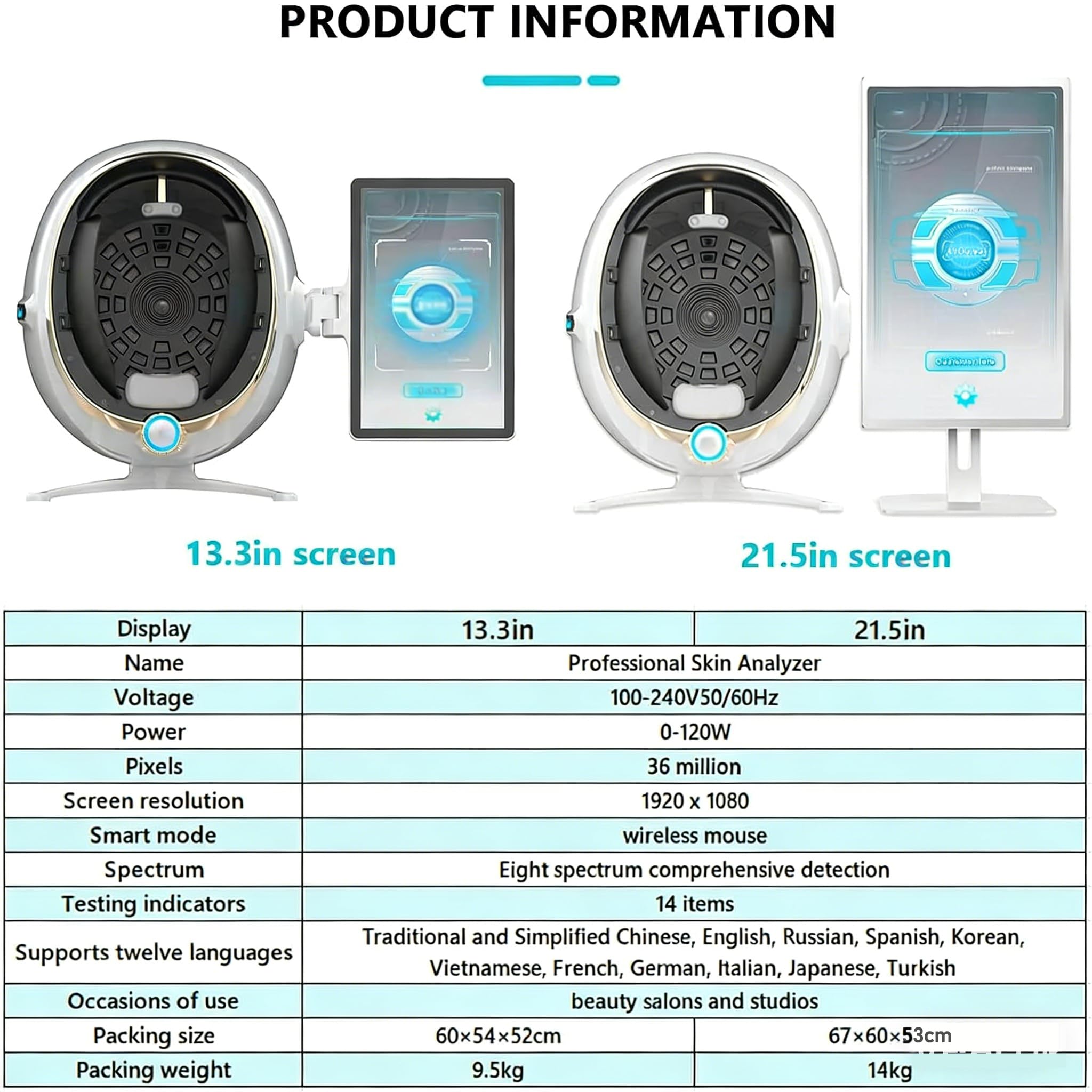 13.3/21.5in Macchina Analizzatrice Professionale della Pelle, Scanner Facciale 3D Macchine per Test della Pelle con 8 modalità di Analisi Spettrale, 14 Rilevamento di Elementi,13.3in
