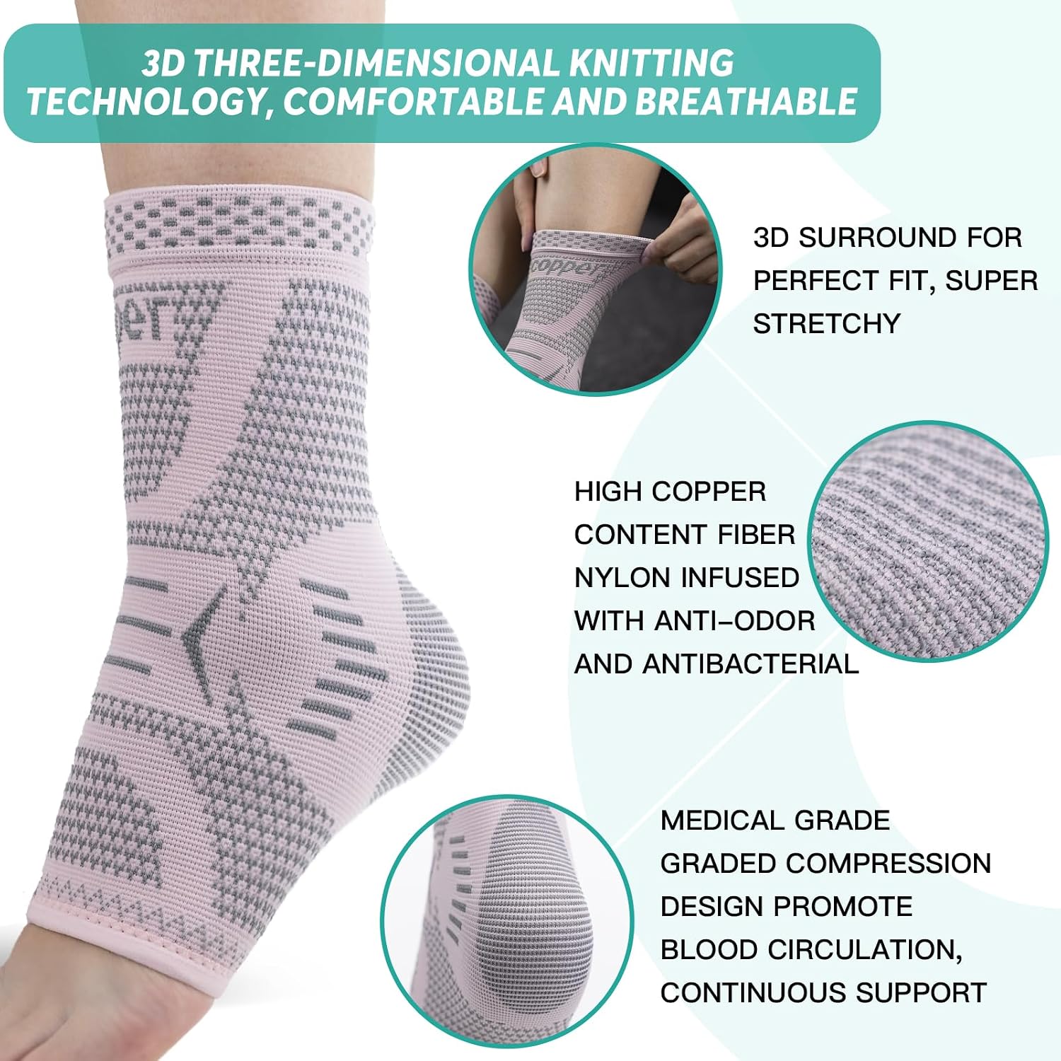 Copper Ankle Brace for Women & Men, Ankle Compression Sleeve Support, Copper Infused Ankle Sleeve for Sprained Ankle, Plantar Fasciitis Sports, Achilles Tendonitis Pain Relief, Pink Silver, L