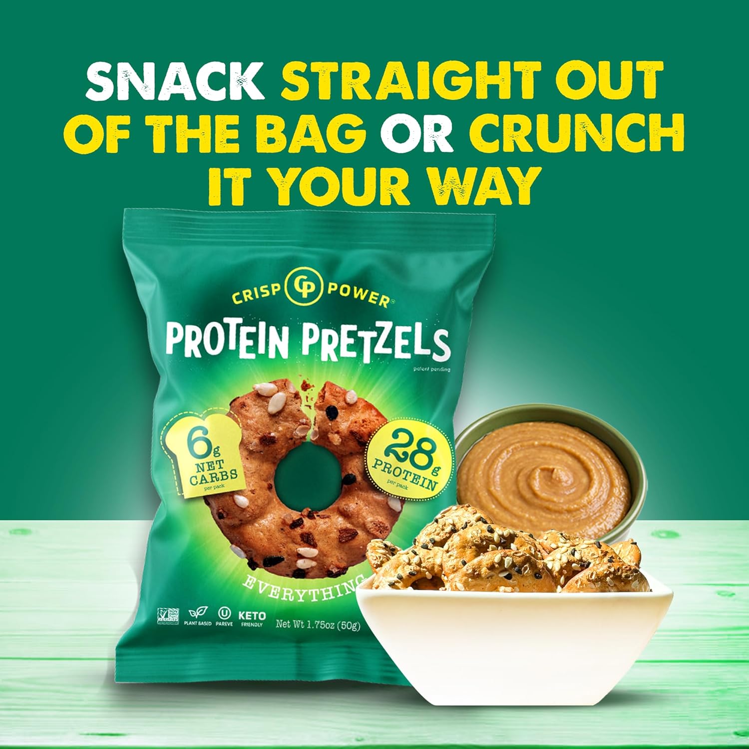 CRISP POWER Spicy Variety Sampler, High Protein Pretzels, Flamin’ Crunch, Cheddar, Everything & Sea Salt, Bold Flavor Variety, Crunchy Low Carb Snack, Vegan, 6 Pack