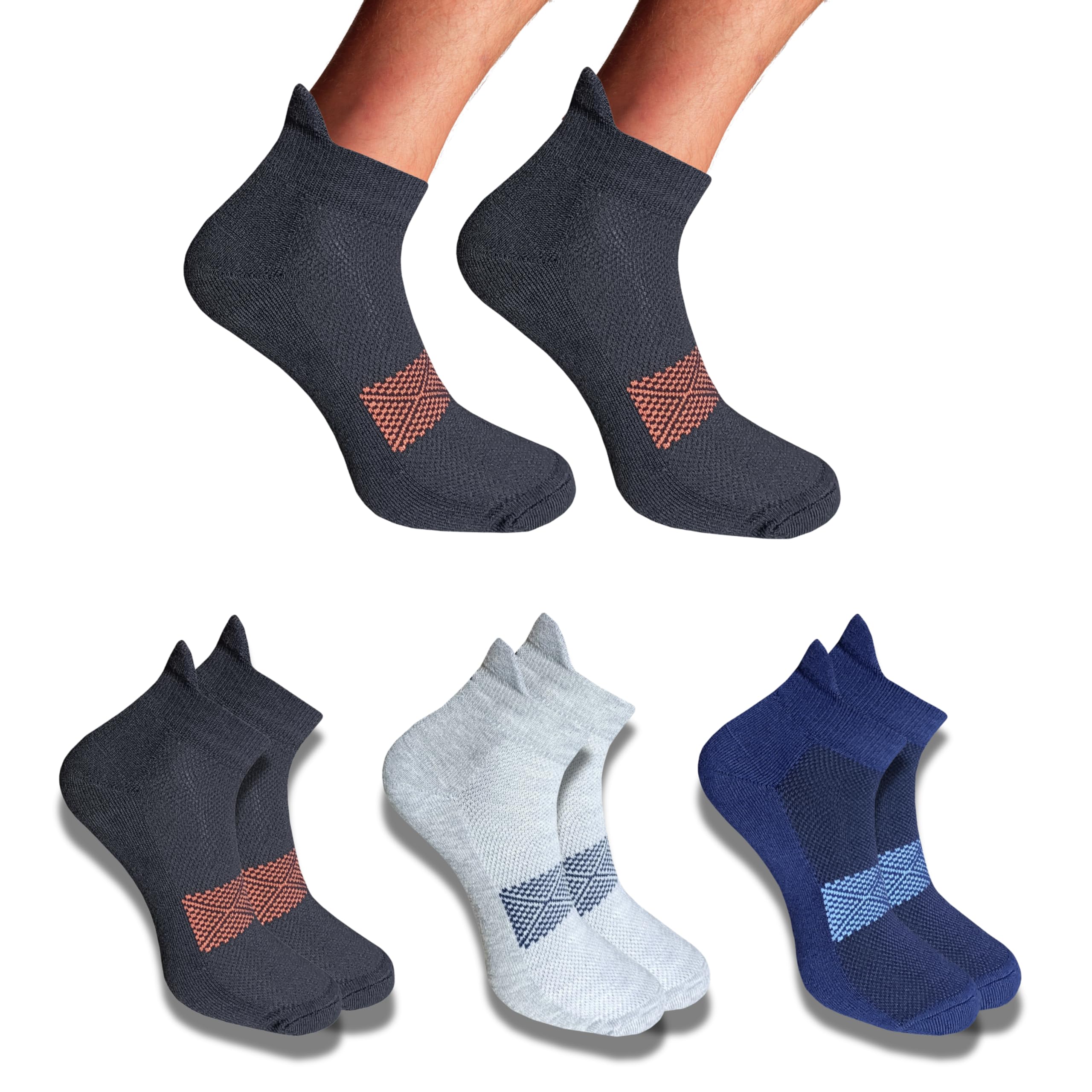 Low Cut Cotton Diabetic Compression Socks – Pack of 3 (Black/Navy/Light Grey) – Moisture-Wicking, Breathable, Soft, Durable, Seamless, Anti-Bacterial – Helps with Foot Swelling & Circulation