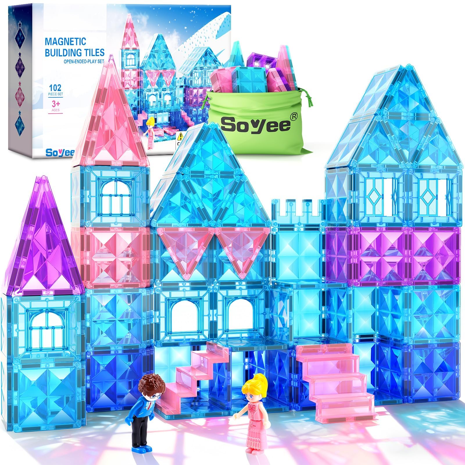 Soyee 102 Stück Magnetische Bausteine mit 2 Puppen 2 Treppen Magnetbausteine Prinzessin Magnetspiel ab 3 4 5 6 7 8 Jahre Magnete Kinderspielzeug STEM Sensorik Montessori Geschenk für Mädchen Jungen