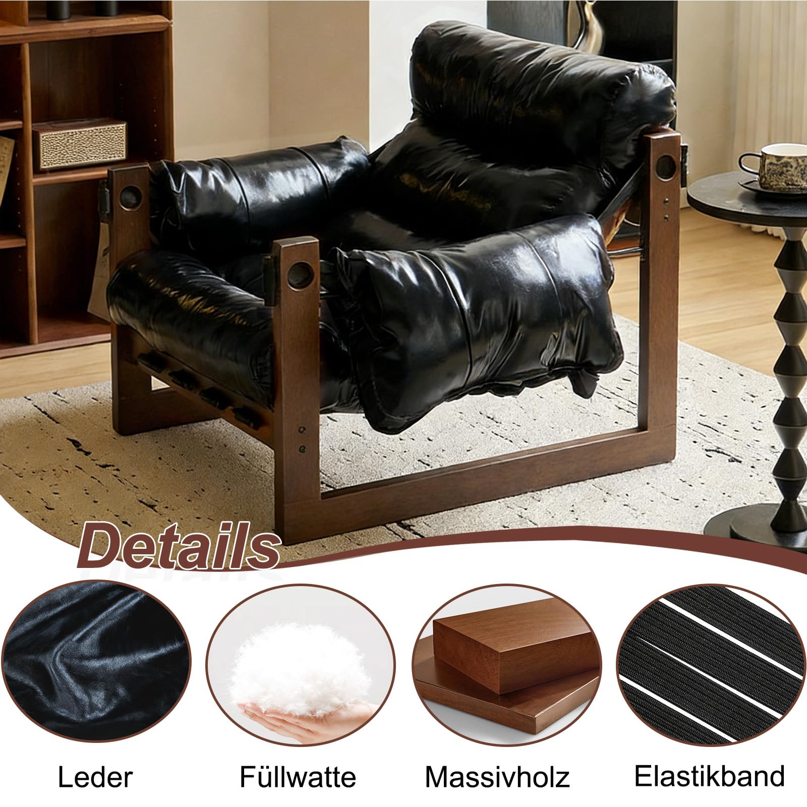 Mid-Century Retro Loungesessel, Ölwachsleder Gepolsterter Relaxsessel mit Massivholzrahmen, Ergonomischer Einzelsofa mit Armlehnen, Bequemer Lazy Sofa Sessel fürs Wohnzimmer Schlafzimmer Schwarz 120kg