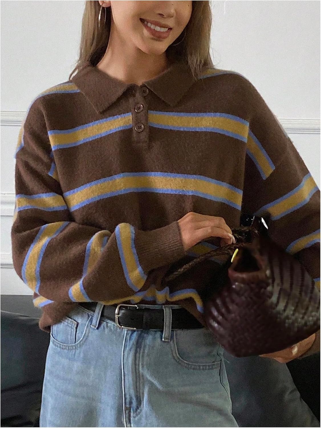 SweatyRocks Women's Striped Collared Sweaters Oversized Long Sleeve Trendy Rugby Pullover Tops