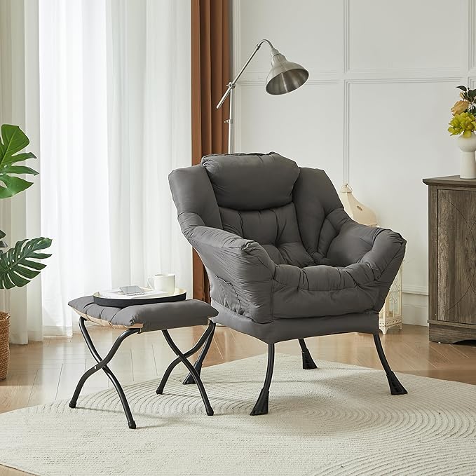 Sillón Lounge Plegable con Otomano Gris Oscuro miniatura 6