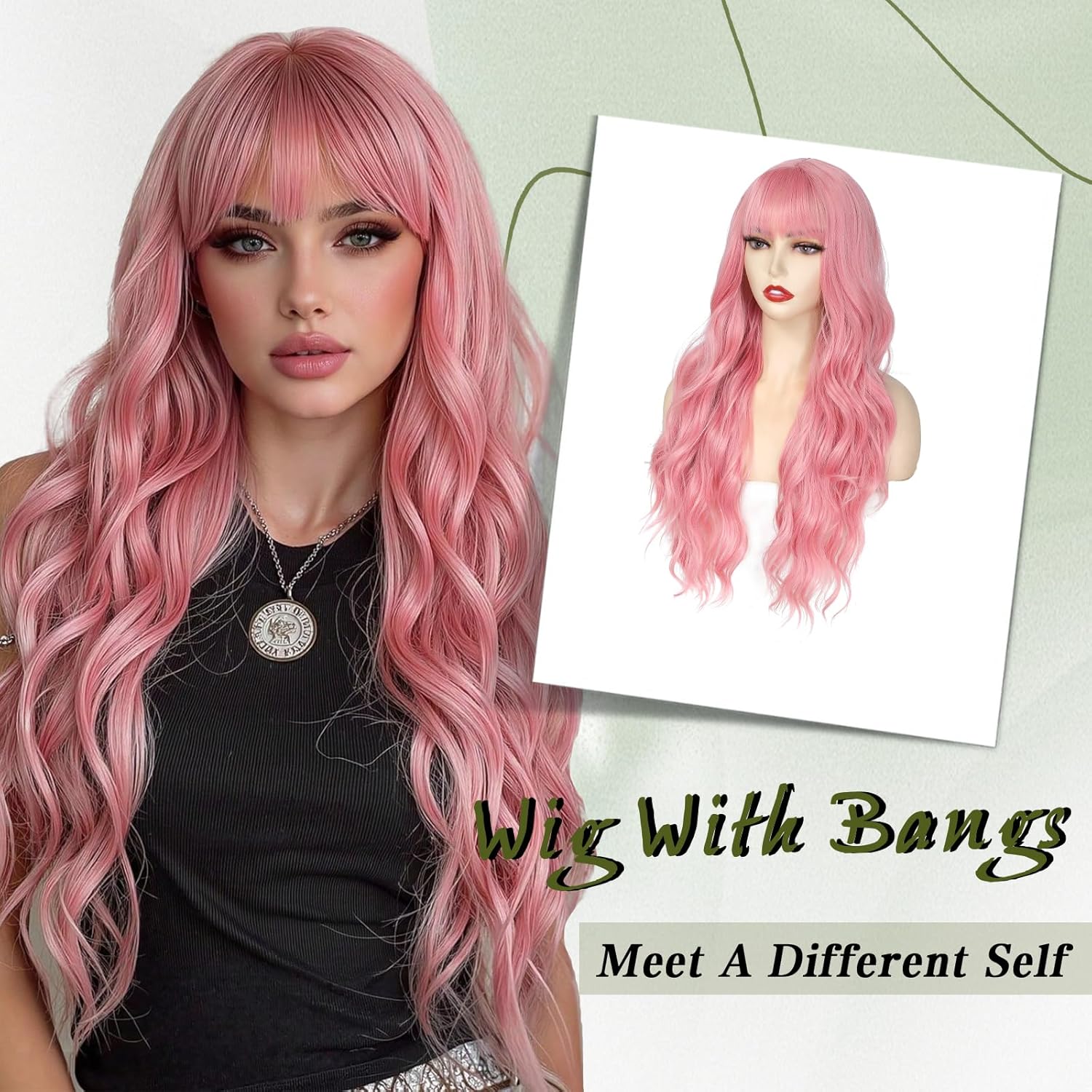 Pink Wig With Bangs Long Wavy Wigs for Women 26 Inch Curly Wavy Wig With Bangs Natural Looking Synthetic Heat Resistant Fiber Wig for Daily Party Use - Image 3