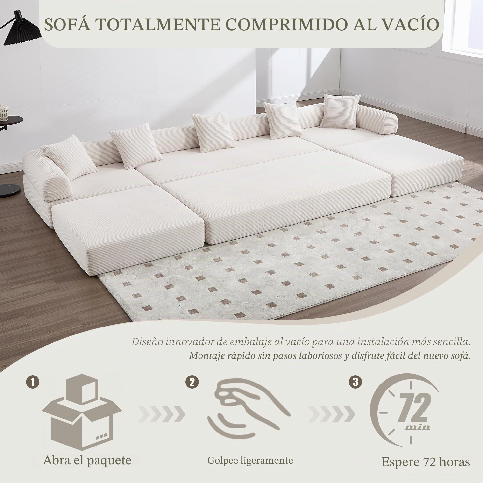 Lubvtti Sofá cama de 3 plazas con bolsillos laterales más 3 cojines, estructura de metal resistente, sofá modular plegable de compresión, sofá de 3 plazas de terciopelo acanalado (B-beige + 5 plazas)