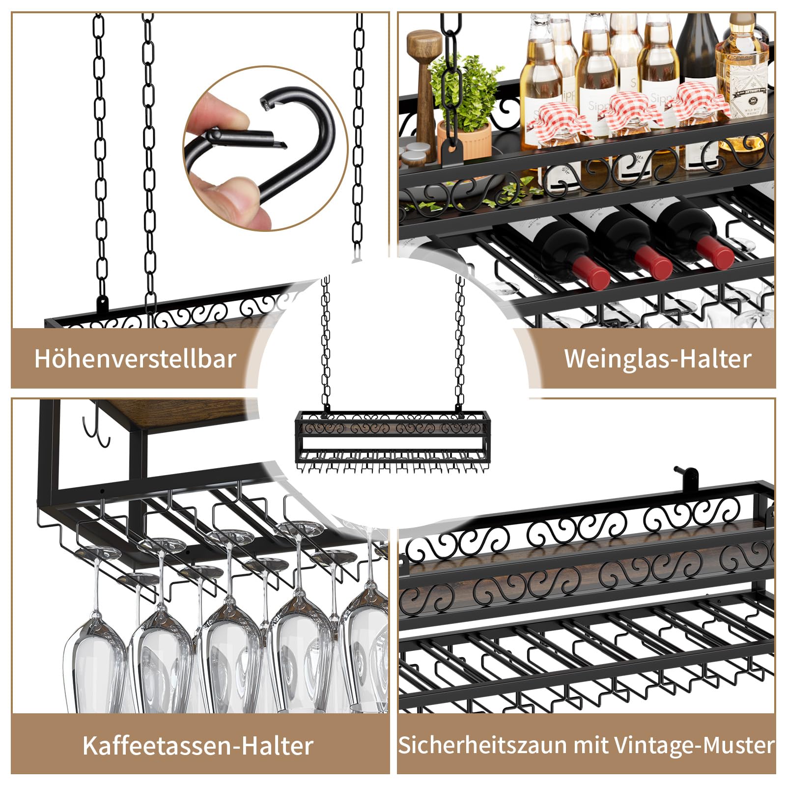 Estantería de techo para vino, altura ajustable, con soporte de cristal y cadena de hierro, 2 capas, estilo industrial, para bares, restaurantes, cocinas, cafeterías