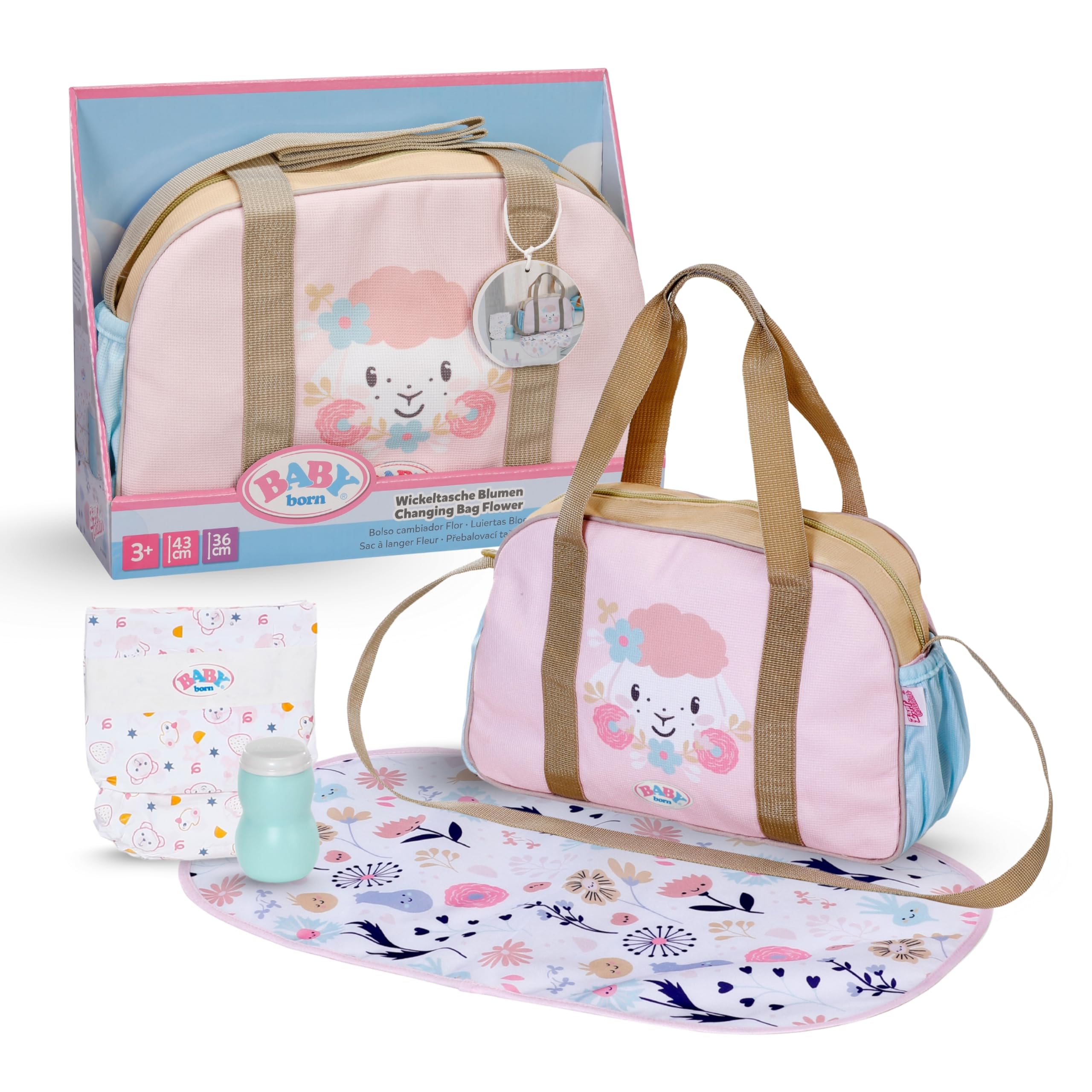 BABY Born Wickeltasche - Puppenwickeltasche mit Blumen-Design - Inkl. Wickelunterlage, Windel & Puderdose - Hochwertiges Puppenzubehör - Für Puppen der Größe 36 cm & 43 cm