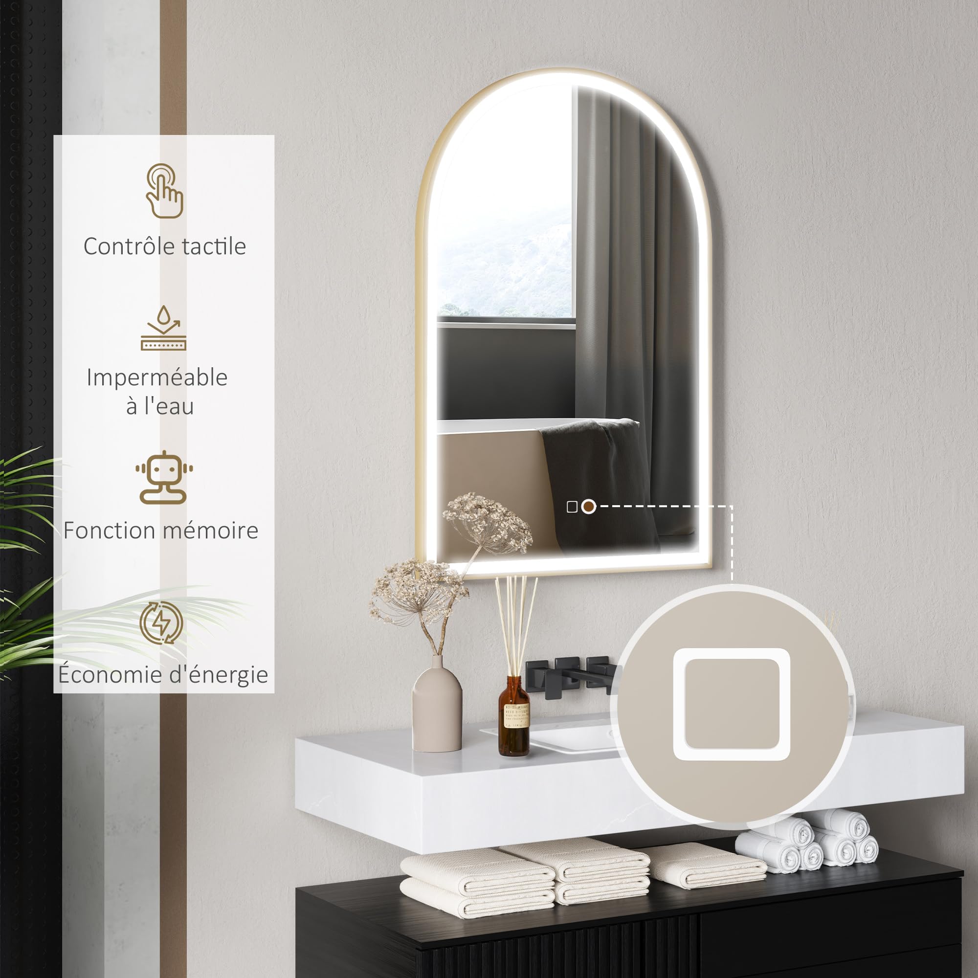 HOMCOM Miroir Salle de Bain avec éclairage LED 90 x 60 cm, Miroir Mural arqué, lumière réglable 3 Couleurs, Anti-buée, mémoire, Interrupteur Tactile, Miroir Salle de Bain, Cadre en Aluminium, doré