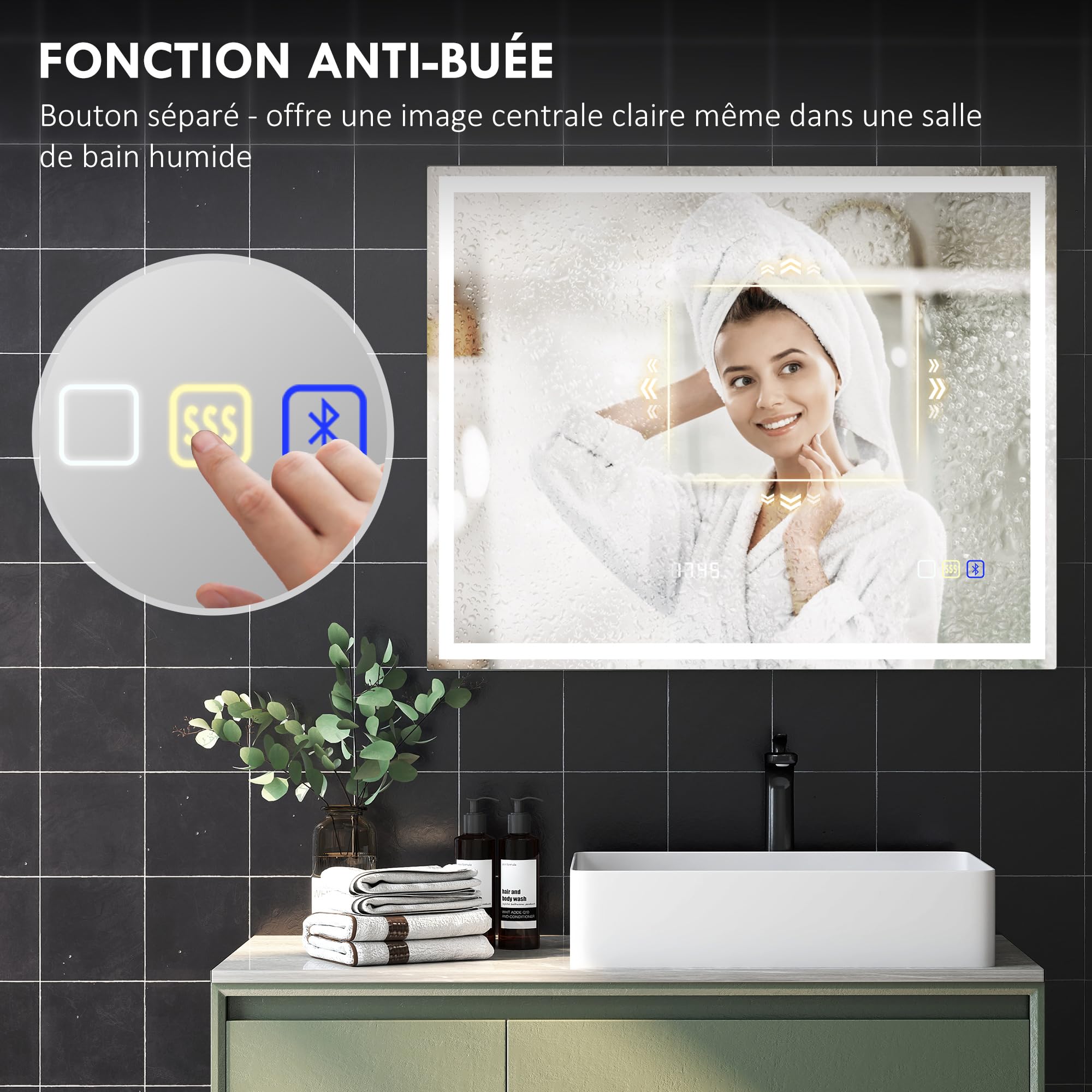 HOMCOM Miroir Salle de Bain Bluetooth avec éclairage LED 80 x 100 cm, Miroir Lumineux Salle de Bain Mural avec Interrupteur Tactile, lumière réglable 3 Couleurs, Anti-buée, mémoire - Argent
