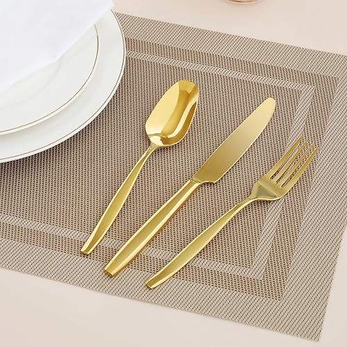 Miniatura 6 de Juego de cubiertos dorados de 20 piezas, cubiertos de acero inoxidable para 4, incluye cuchillo de carne, tenedor y cuchara, apto para lavavajillas,