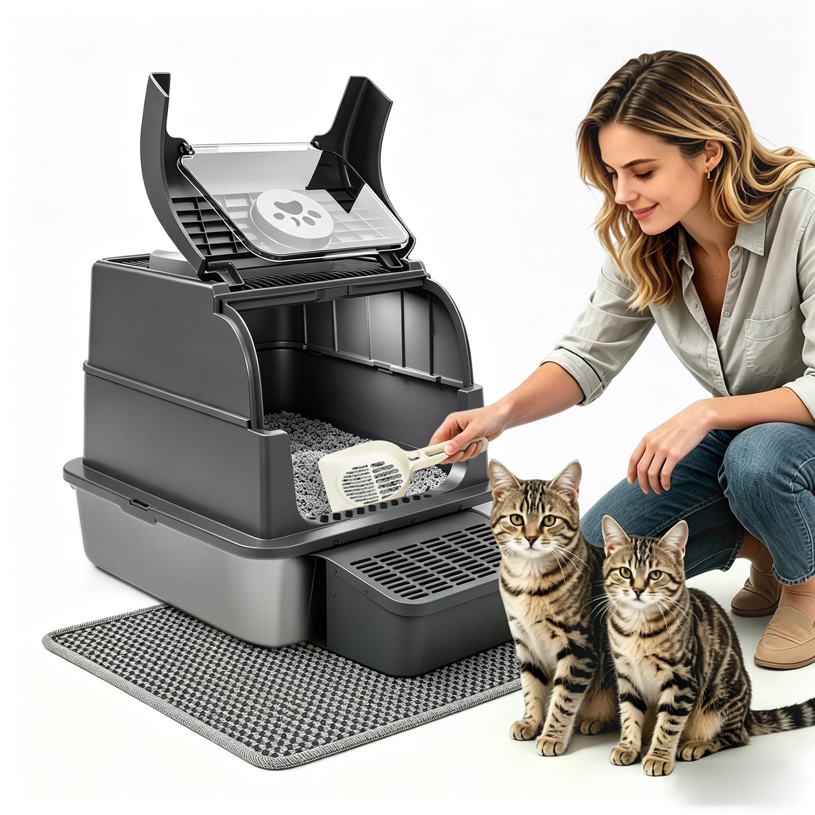 PAKEWAY Große Katzentoilette Edelstahl, XXL 3-in-1 Geschlossen & Offen, Mit Klappdeckel & Anti-Tracking-Stufe, Geruchskontrolle, Leicht zu Reinigen