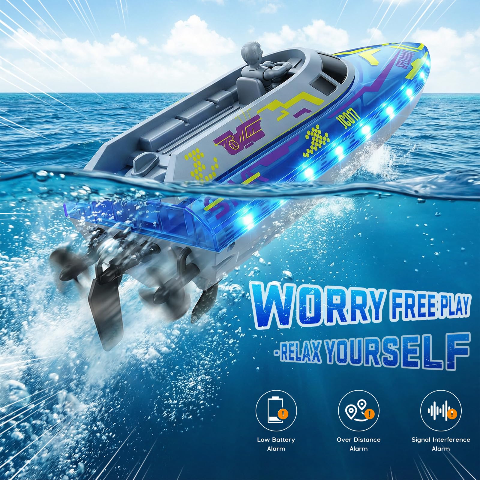 Bateau Télécommandé, 25+ KM/H, 40+ Mins, RC Racing Bateau Telecommandé Enfant avec Lumières LED, 2 Batteries, Mini Bateau RC Haute Vitesse 2,4 GHz Jouet Aquatique pour Lac/Piscine/étang