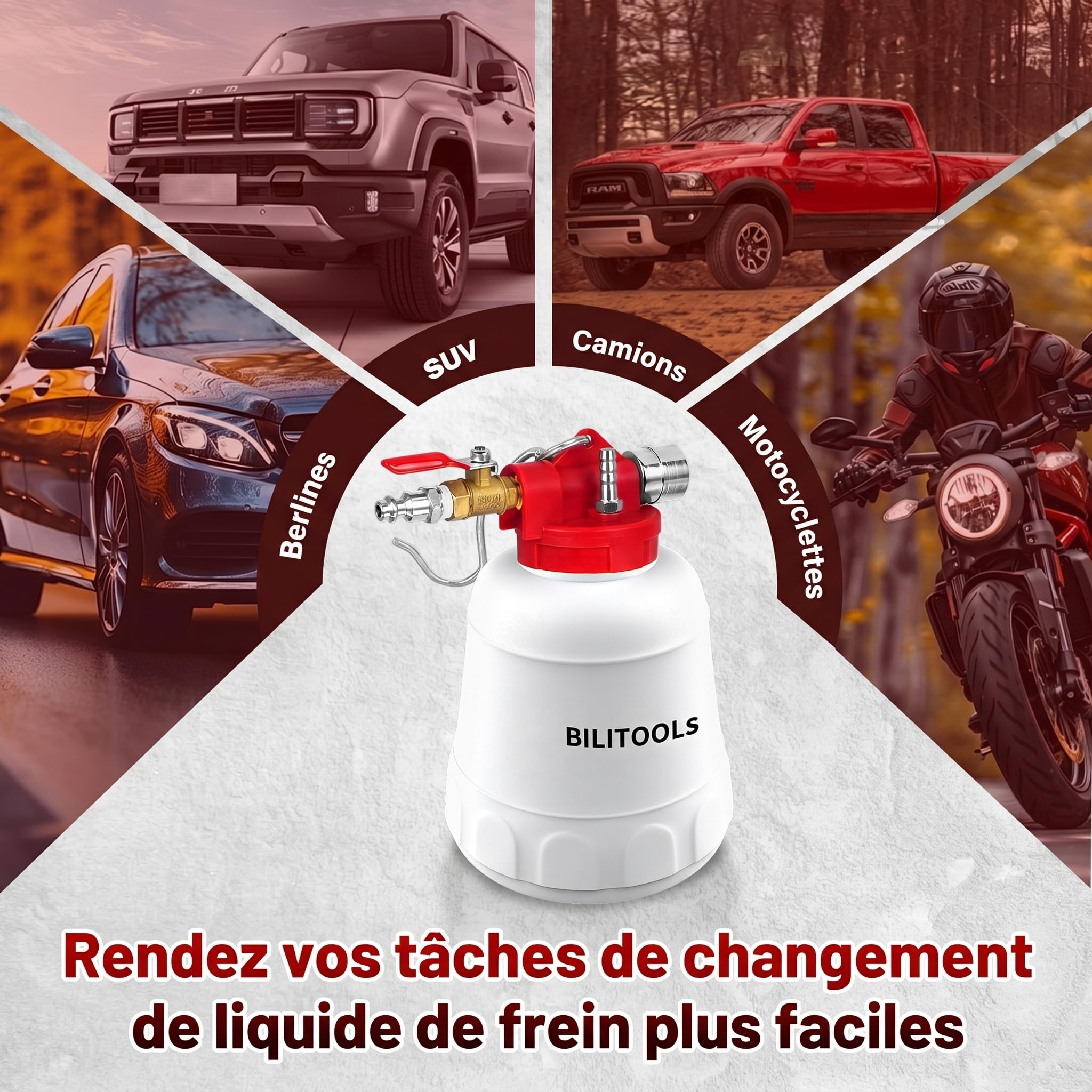 BILITOOLS 1L Purgeur de Frein Voiture et Moto Universel, Pneumatique Pompe à Vide Kit Purge Liquide de Frein par Aspiration avec 4 Adaptateurs, Purgeur ABS pour Frein et Embrayage | Kit d'extraction de liquide d'embrayage pour système de frein pneumatique