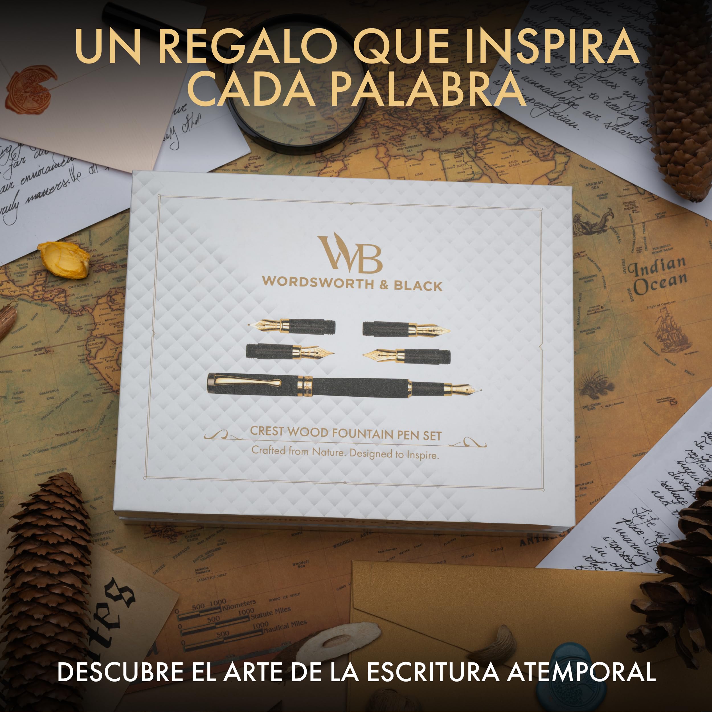 Wordsworth & Black Fountain Pen Gift Set, Incluye botella de tinta, 6 cartuchos de tinta, convertidor de recarga, 4 plumines de repuesto, bambú de lujo, caligrafía, plumas de escritura [Madera negra]