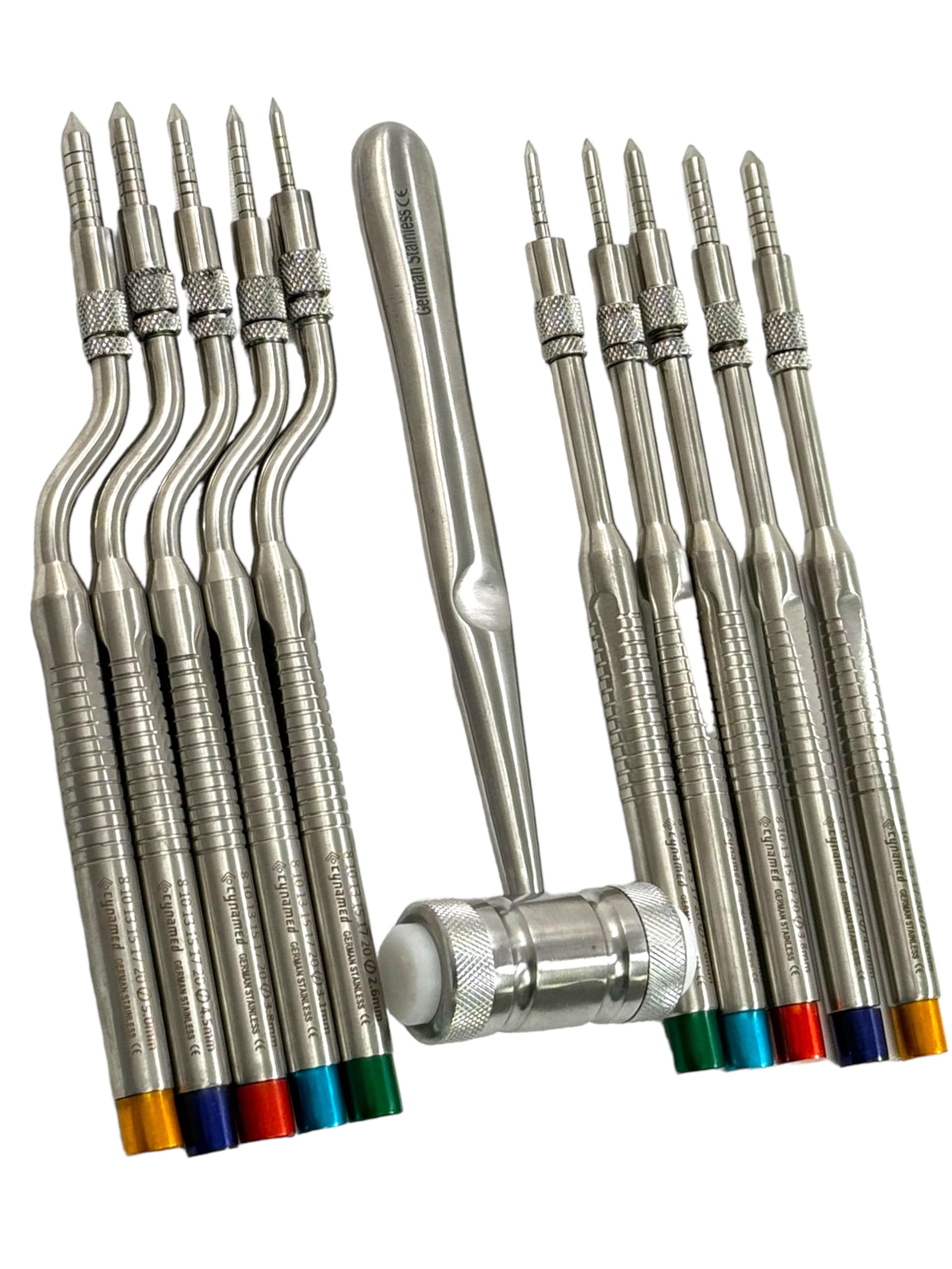 10 Pieces Set - Osteotome Periotome Convex Tip, Adjustable Depth Knob, Straight and Offset, Includes Mead Mallet + Pouch Case - Stainless Steel Implant Instruments