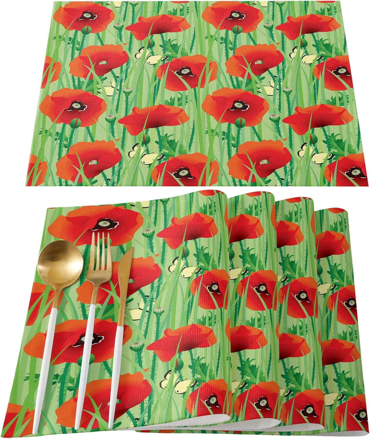 Red Poppy Placemats Set of 4 Cotton Linen Blend Washable