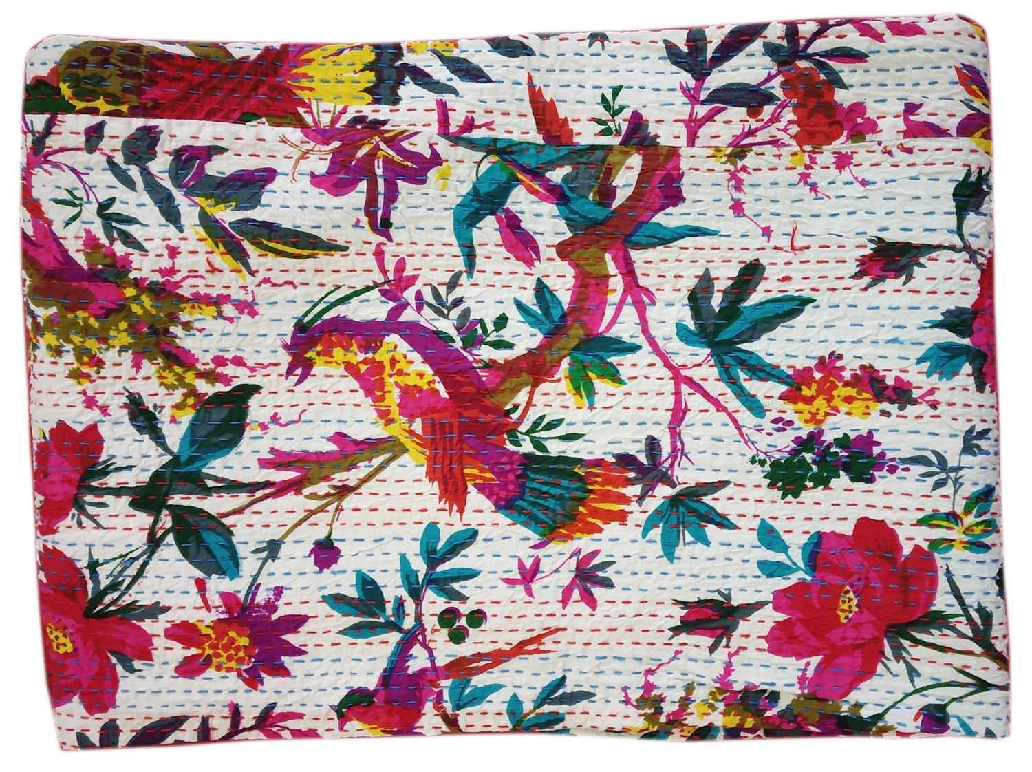 Textile Work Creations Handmade Birds Bedcover Bedspread Kantha Quilt Indian Bedding Blue Grey Handmade Throw Tapestry Hand Embroidered Pure Cotton Quilted Bedding-image-33