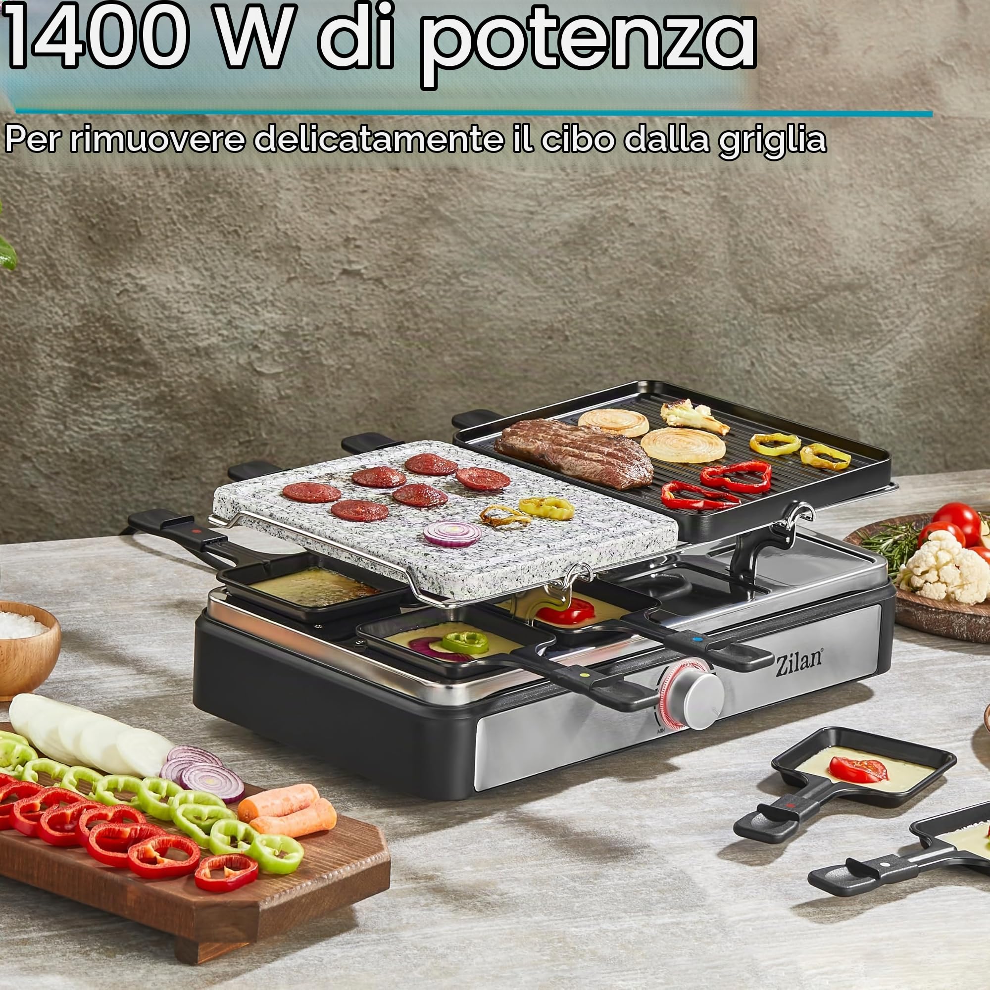 Dispositivo per raclette per 8 persone, griglia da tavolo, barbecue elettrico, con piastra in pietra naturale e rivestita, elemento riscaldante in acciaio inox, 1400 Watt