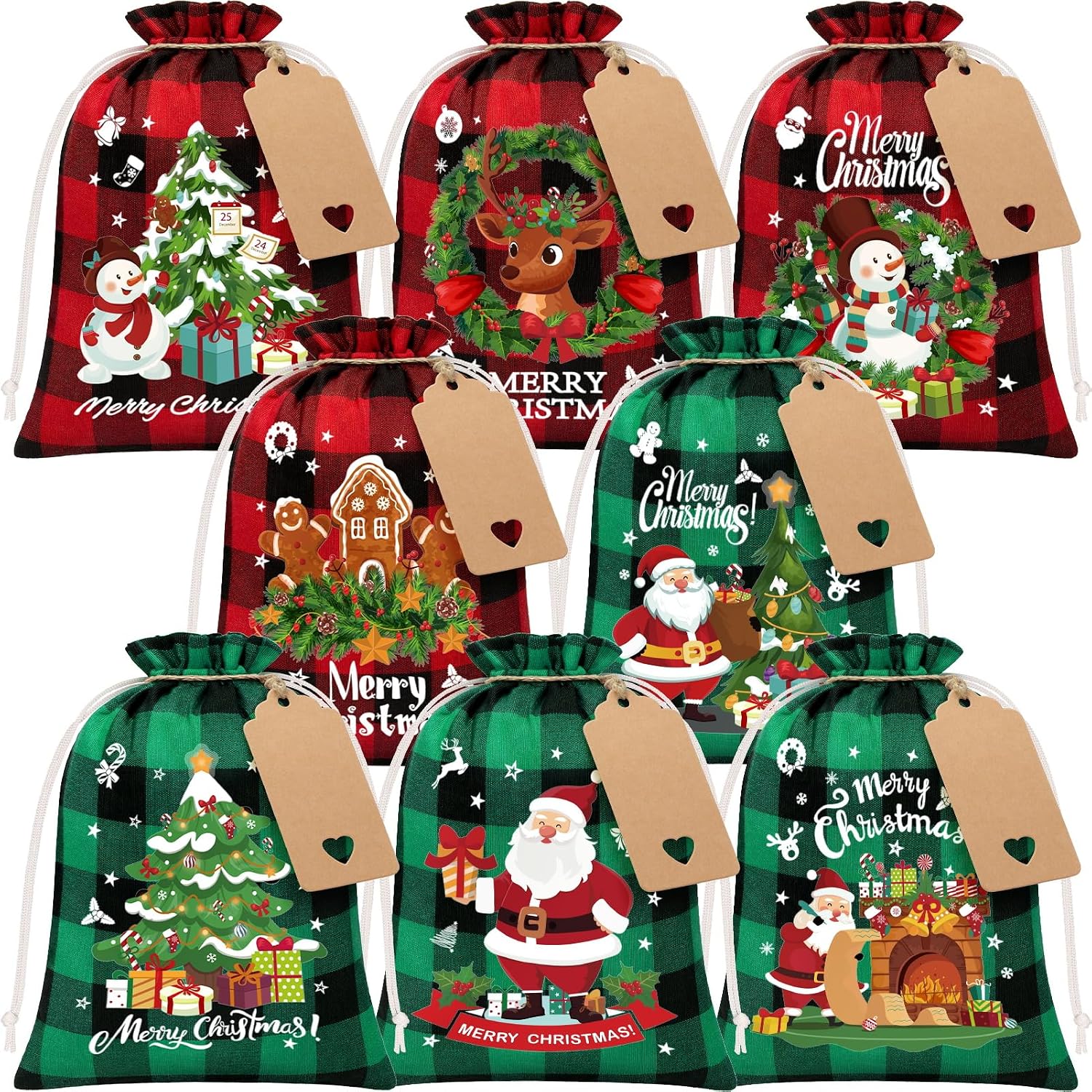 FLOE 24Pcs Burlap Christmas Drawstring Bags, 6x8in Buffalo Plaid Xmas Gift Bags w/Tag Xmas Candy Bag Small Christmas Linen Treat Goody Gift Sacks Reusable Gifts Wrapping Bag Holiday Party Favors Sack
