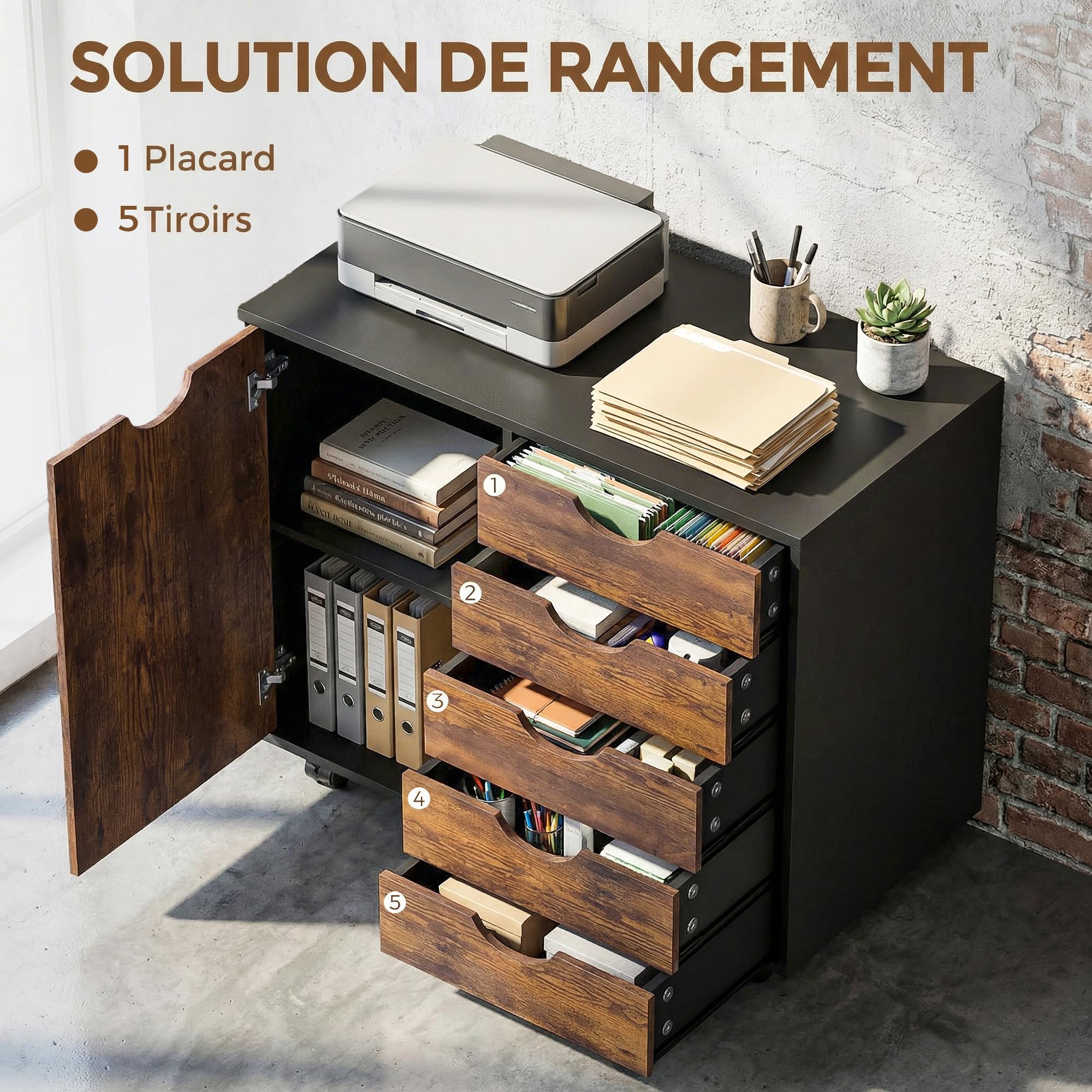 HOMCOM Cassettiera da Scrivania Mobile con 5 Cassetti e 1 Anta, Ripiano Regolabile, Armadio per Documenti e Cancelleria, 78 x 40 x 66,5 cm, Marrone Rustico