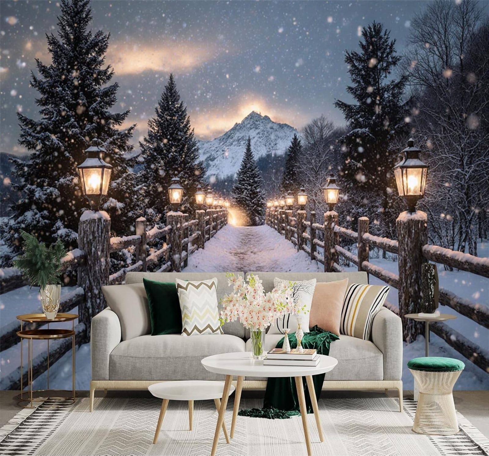 Xlming 300Cm×210Cm(B×H) Snow Capped Mountains A Footpath Pine Trees Warm Lights Lanterns 3D Wallpaper Premium Textured Silk Study Dining Living Room Bedroom Sofa Tv Wall Easy Install-300Cm×210Cm