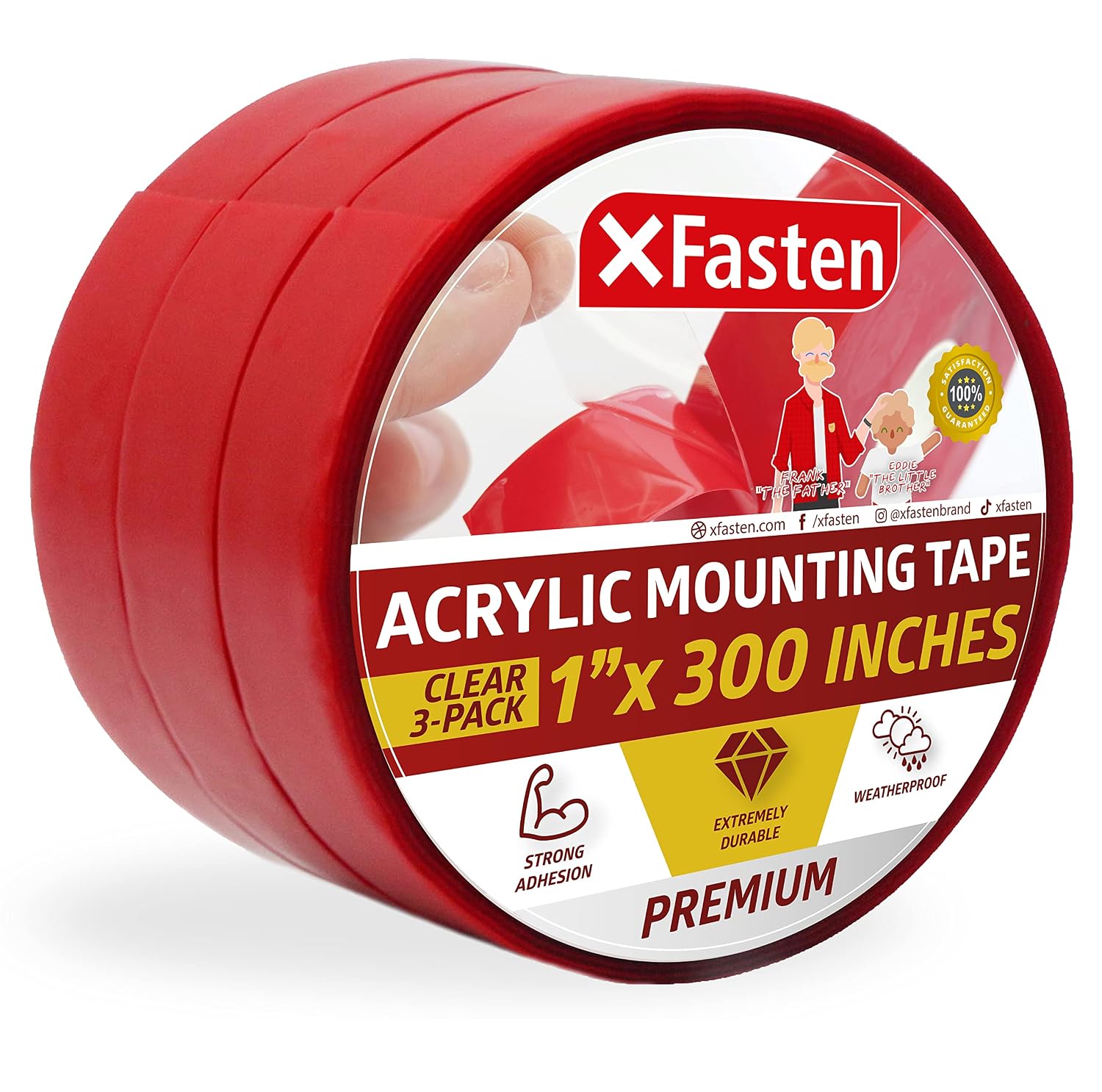 XFasten Extreme Double-Sided Acrylic Mounting Tape Removable, 1-Inch x 300-Inch, Pack of 3, Weatherproof, Super Strong Double-Sided Adhesive and Tough Bonding Strength