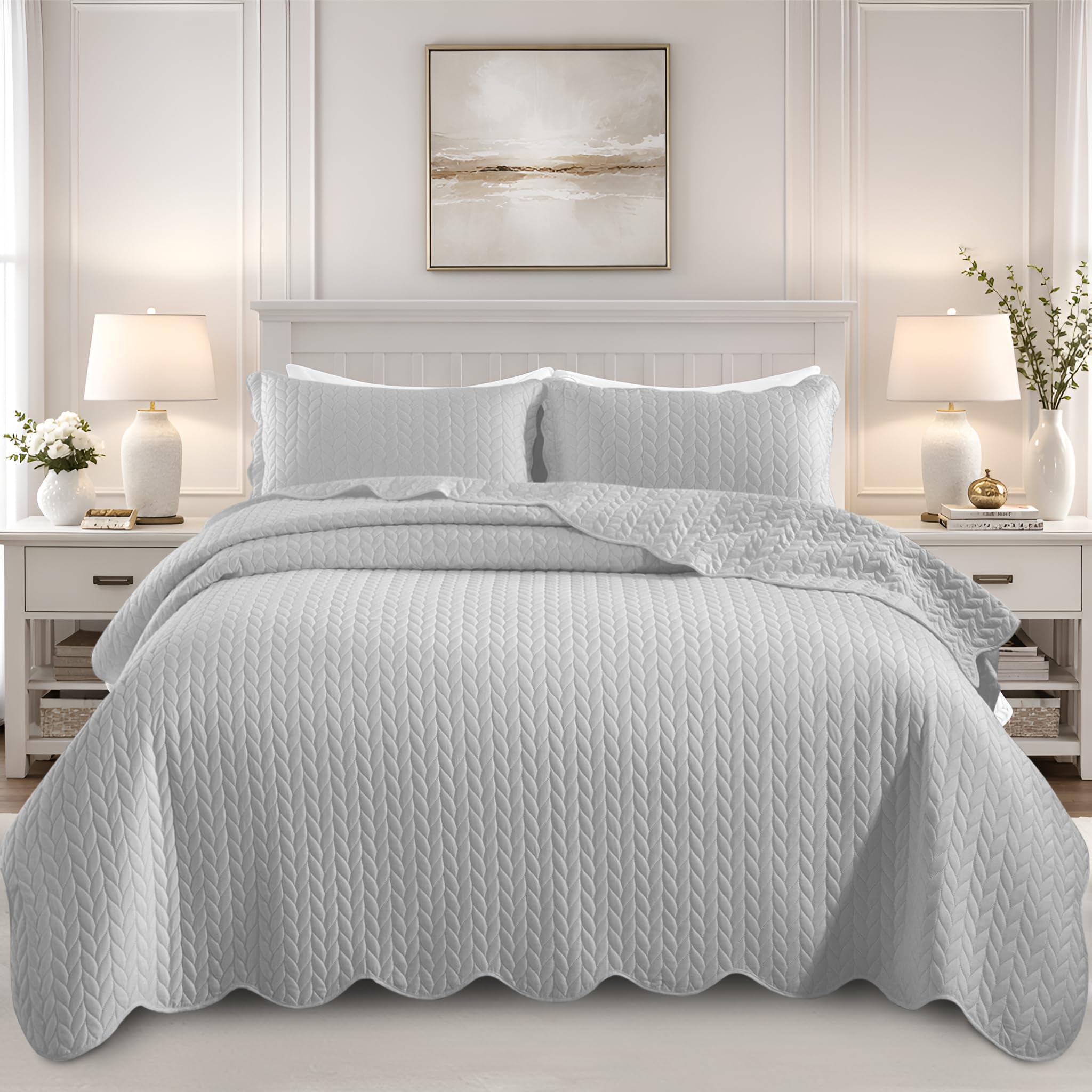 King Quilt Set Bedspread Coverlet Bedding Leaf Silver 106"x96"