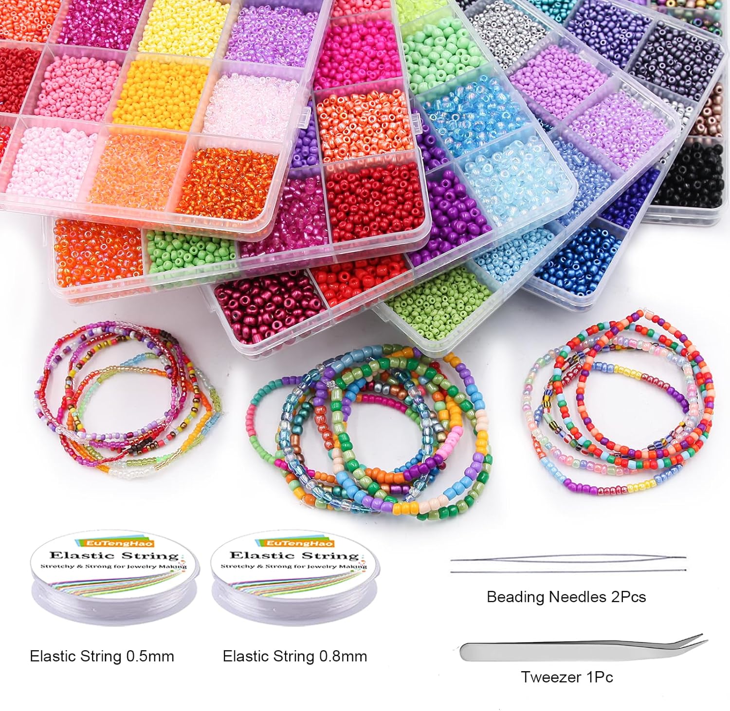 EuTengHao 81600pcs Glass Seed Beads Craft Beads 6/0,8/0,12/0 Multi-Size for DIY Bracelet Necklaces Crafting Jewelry Making Supplies with Beading Needles Elastic Strings (144 Colors, 2mm&3mm&4mm) - Image 5